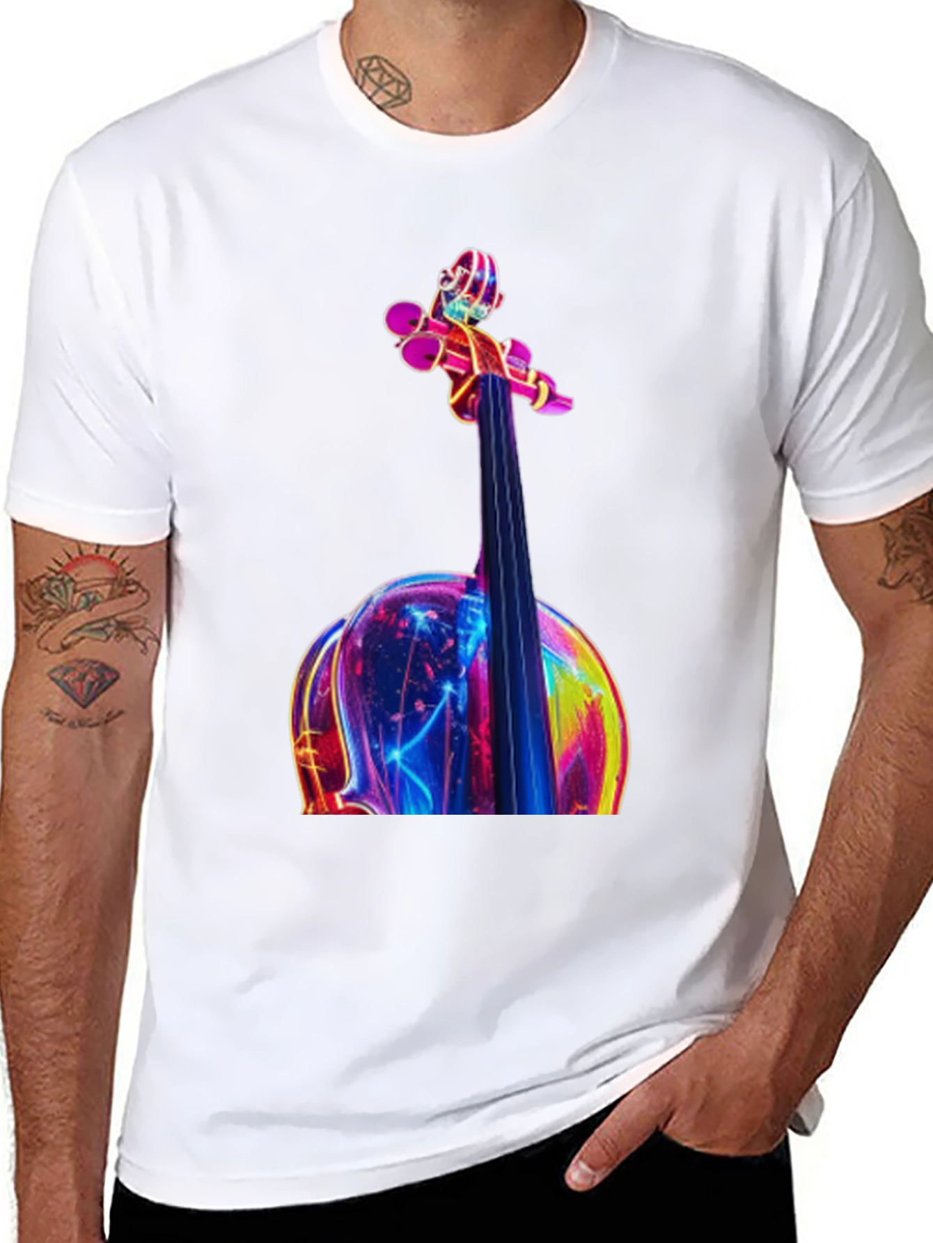 Neon Violin Graphic Tee - Black Casual T-Shirt