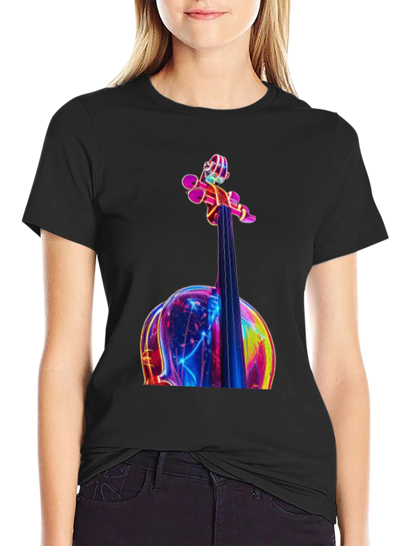 Neon Violin Graphic Tee - Black Casual T-Shirt