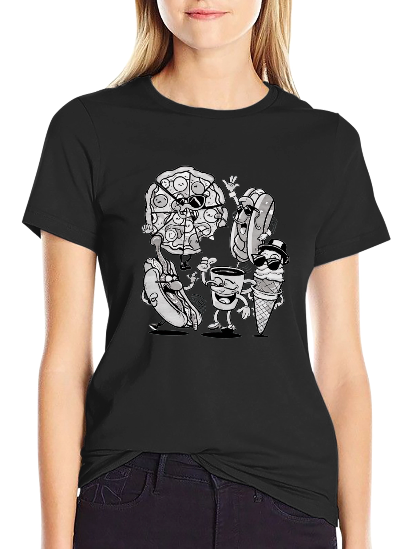 Fun Food Cartoon Black T-Shirt