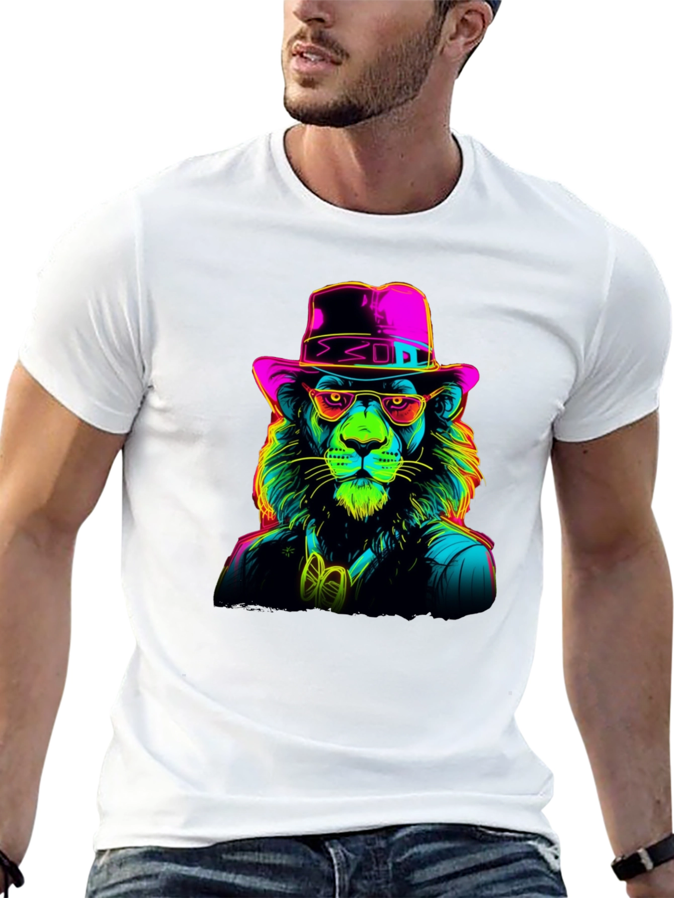 Neon Lion Graphic Tee - Cool Animal Print