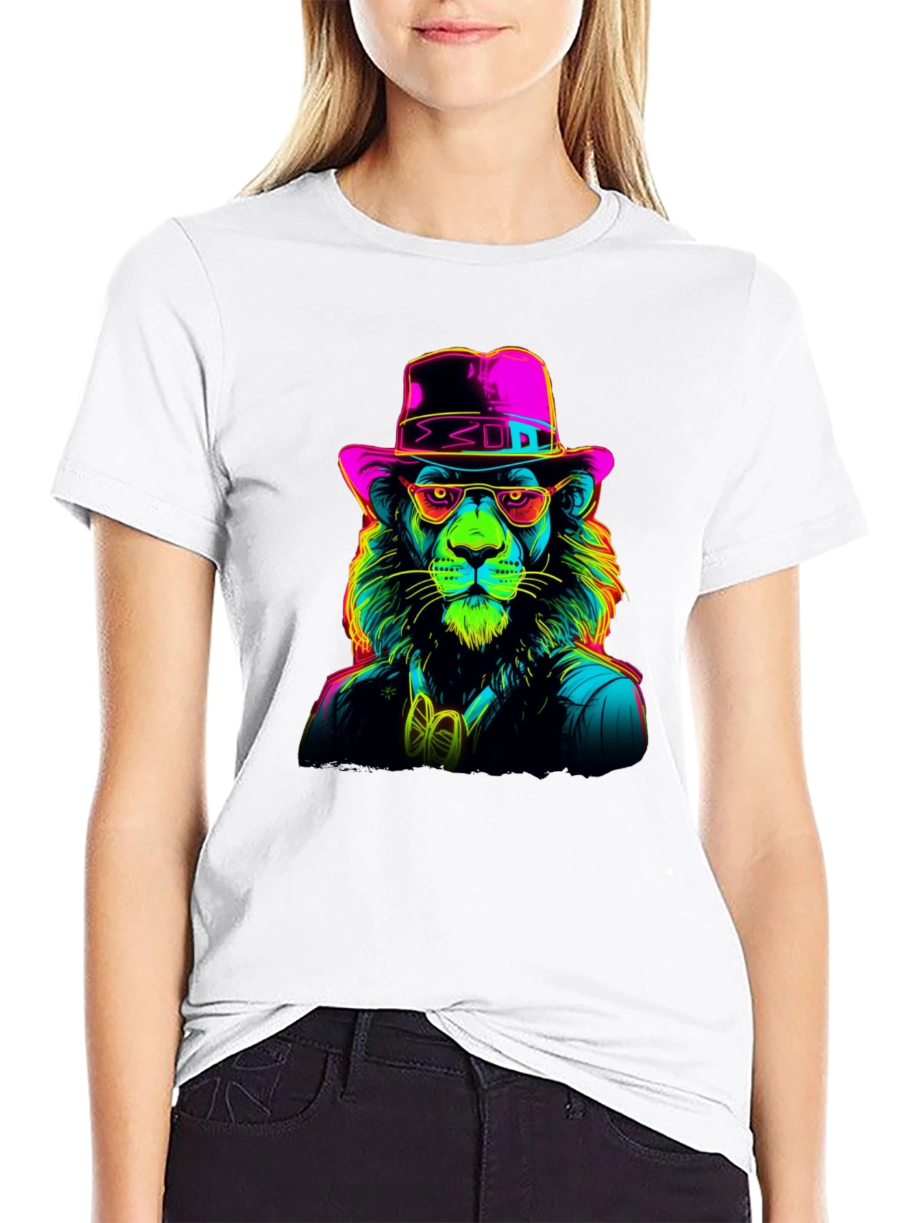 Neon Lion Graphic Tee - Cool Animal Print