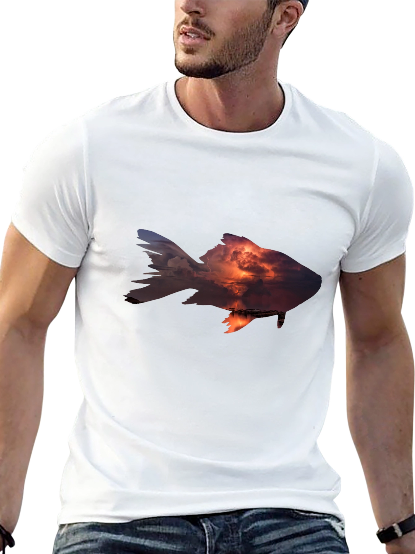 Sunset Fish Graphic Tee - Stylish Mens Black T-Shirt