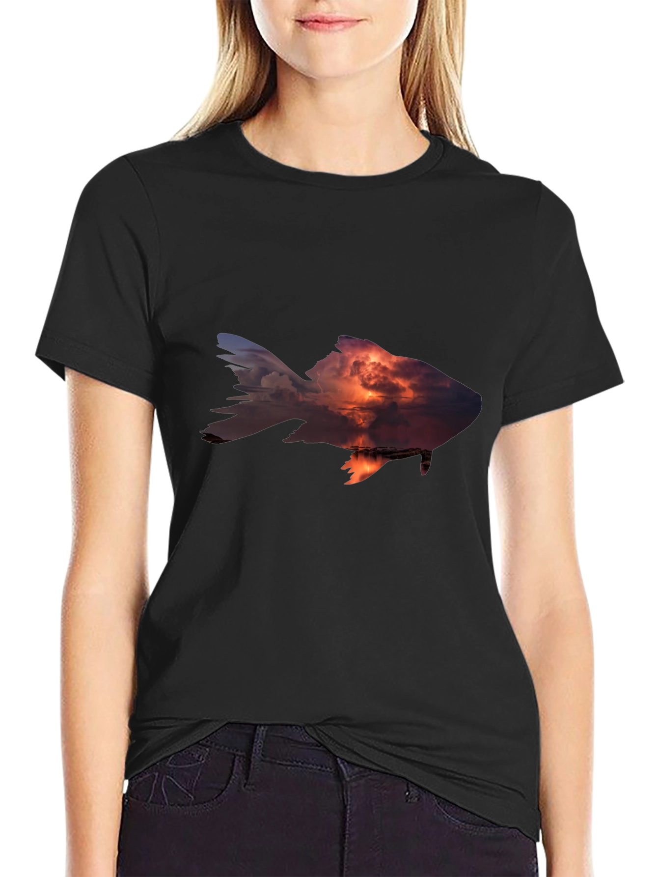 Sunset Fish Graphic Tee - Stylish Mens Black T-Shirt