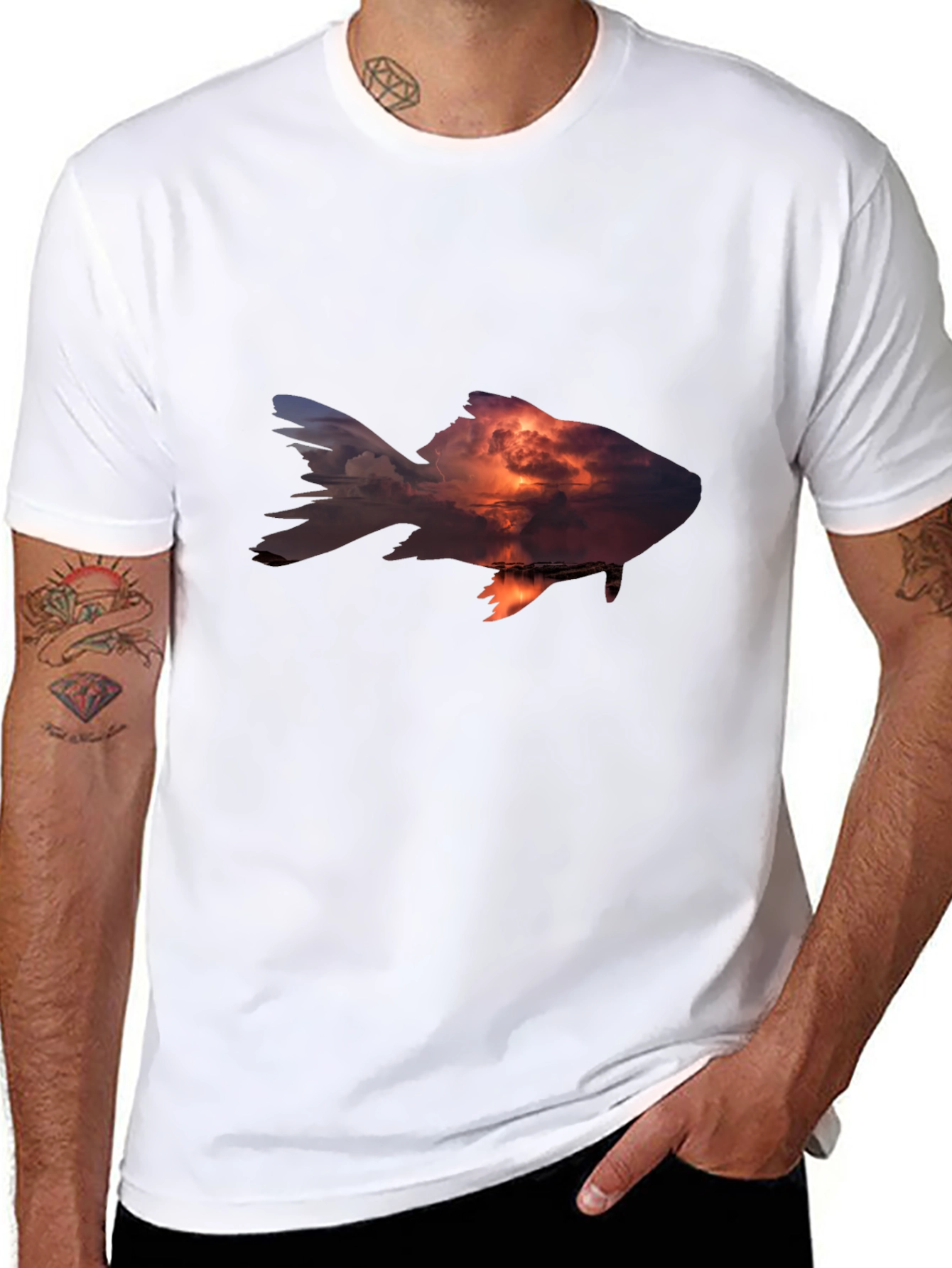 Sunset Fish Graphic Tee - Stylish Mens Black T-Shirt