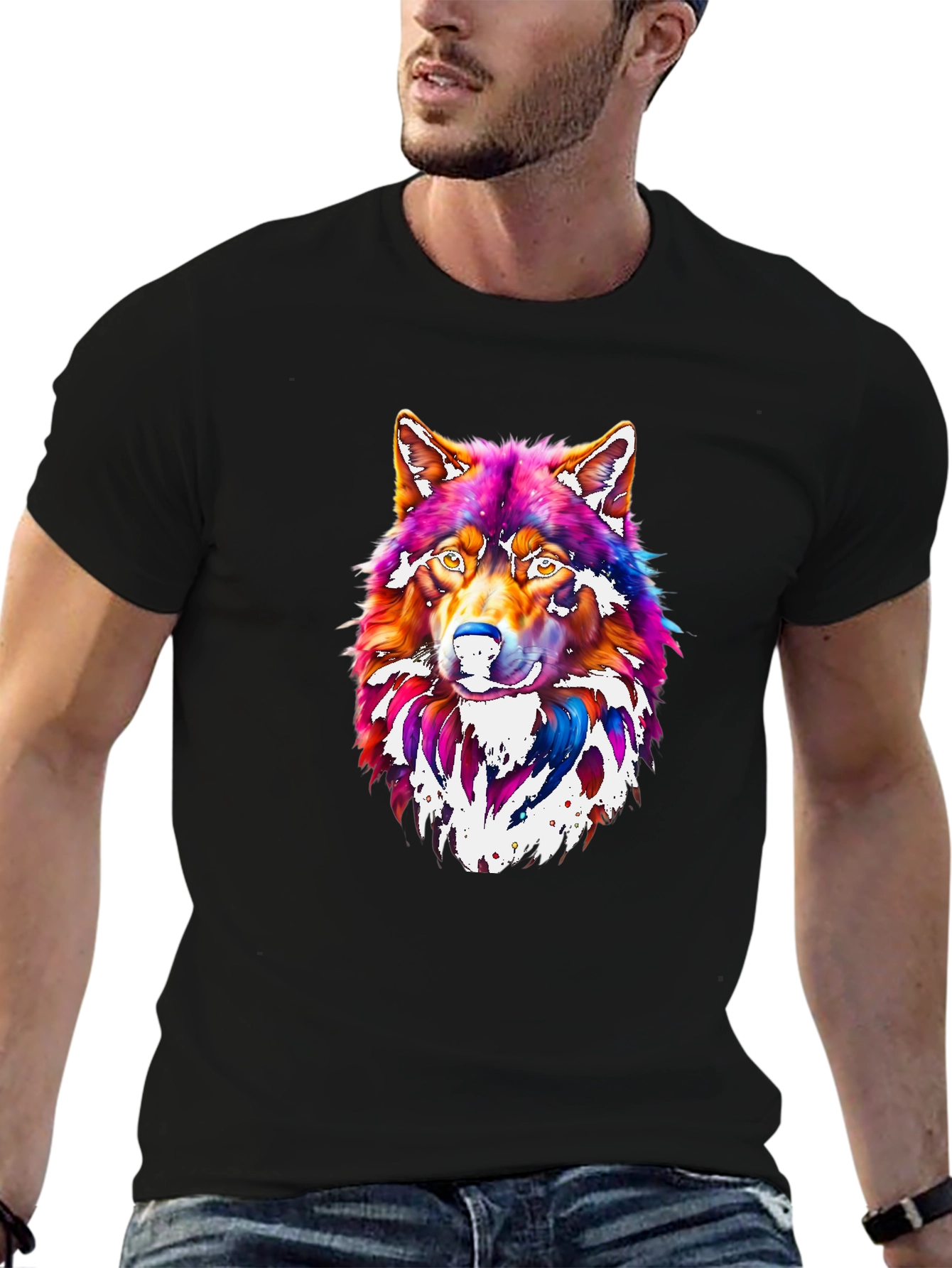 Vibrant Wolf Graphic Tee - Mens Black T-Shirt
