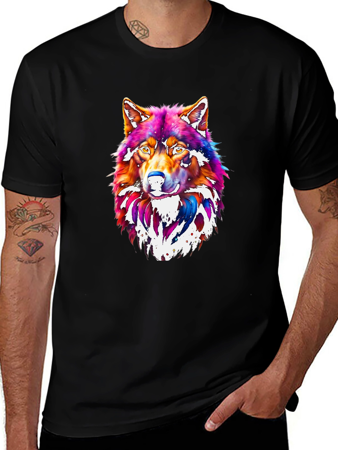 Vibrant Wolf Graphic Tee - Mens Black T-Shirt