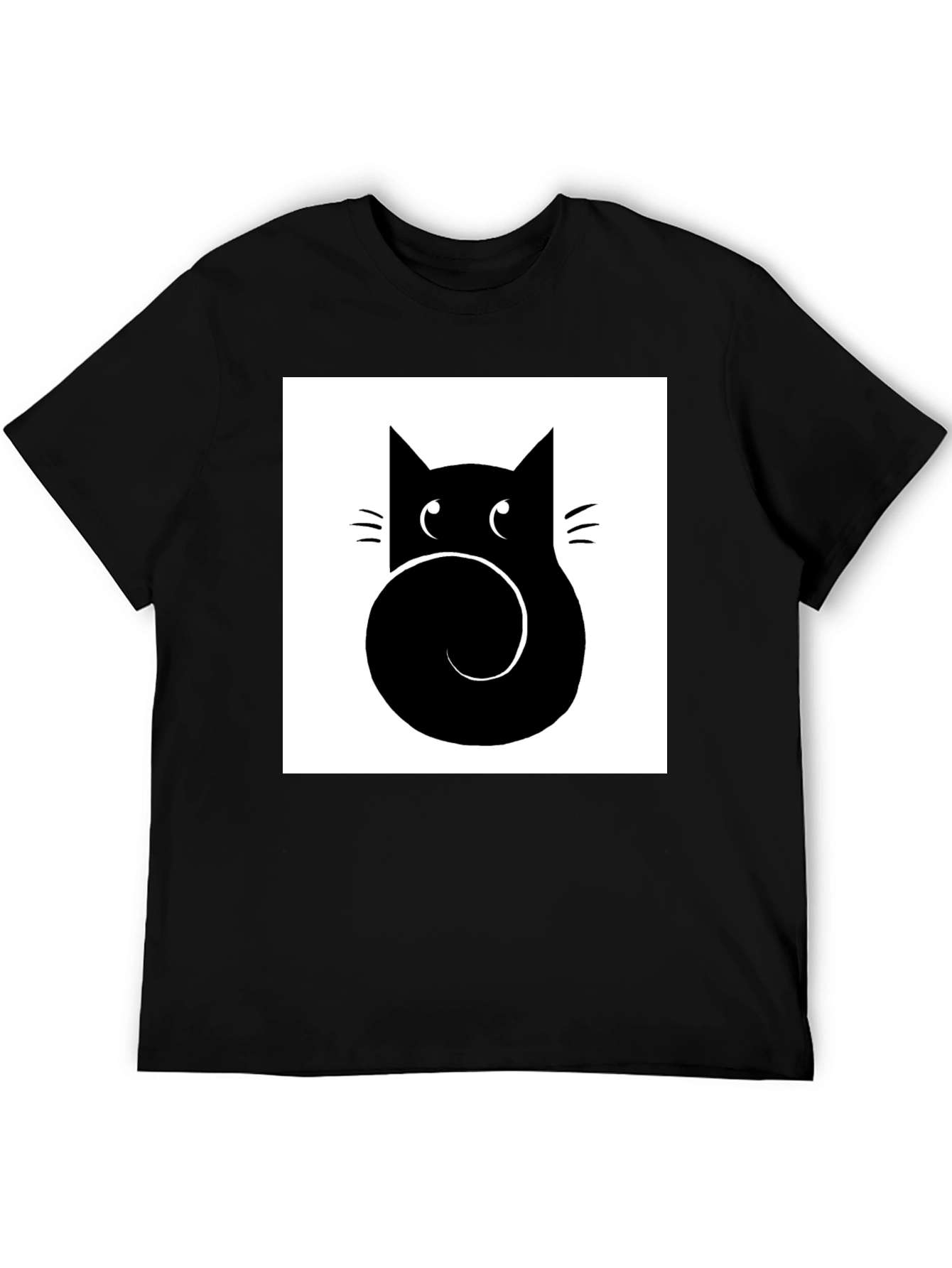 Stylized Cat Graphic Tee - Black Cotton Casual Shirt