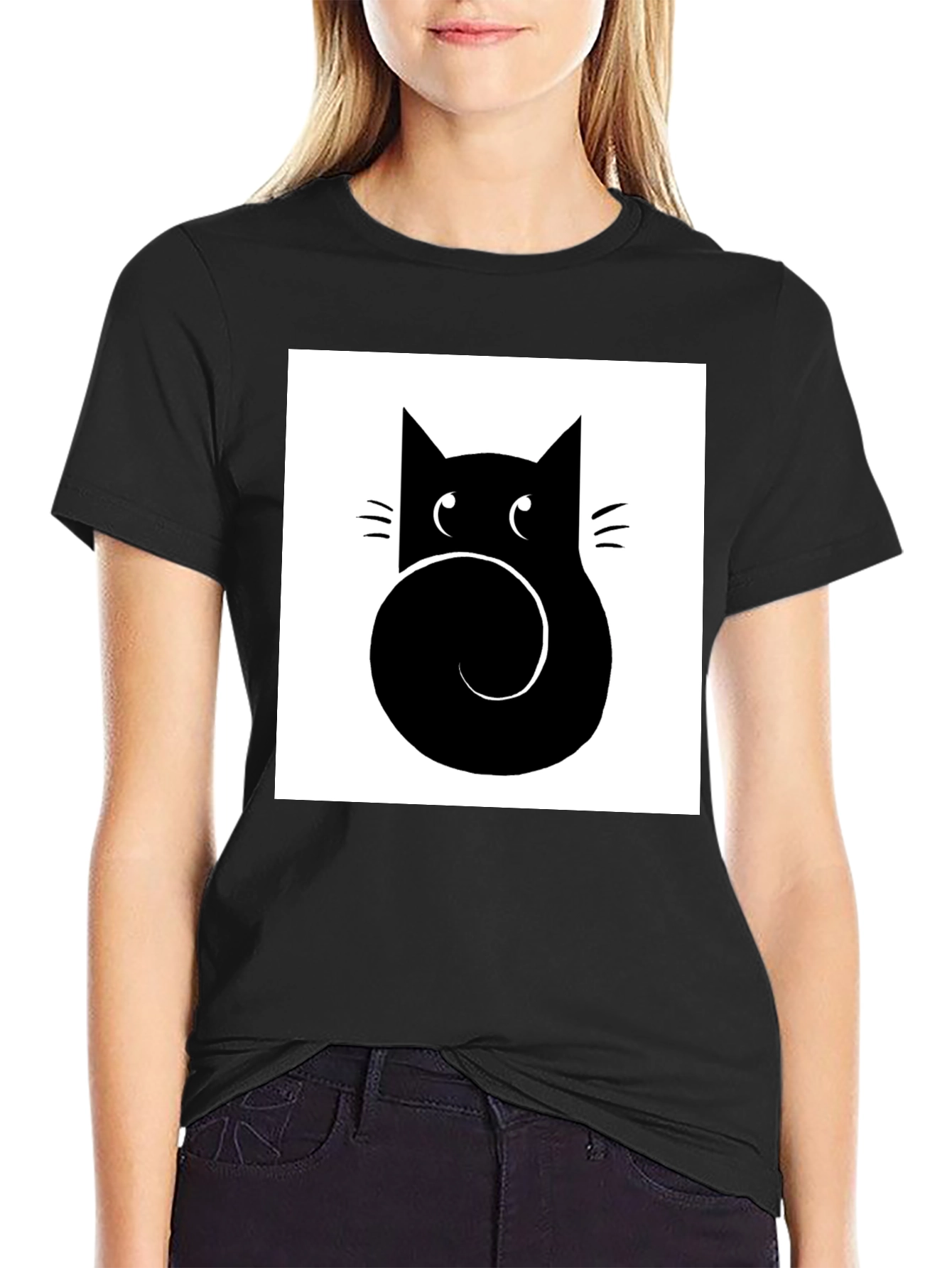 Stylized Cat Graphic Tee - Black Cotton Casual Shirt
