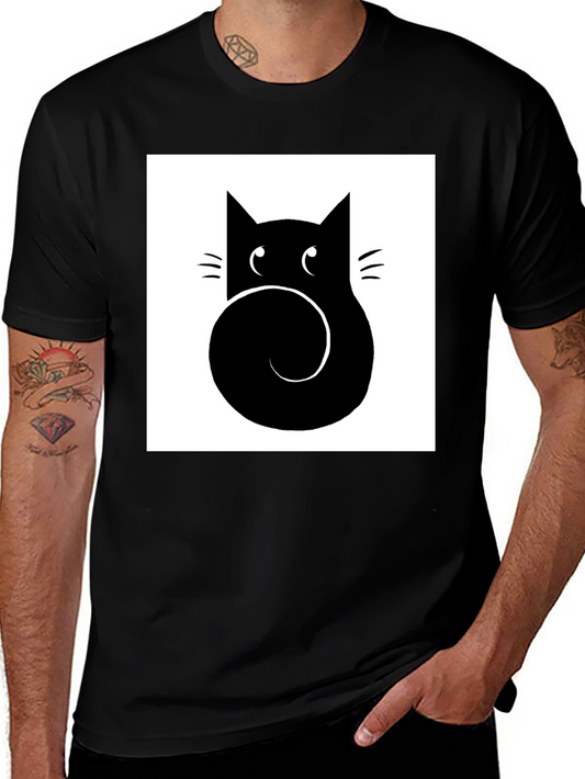 Stylized Cat Graphic Tee - Black Cotton Casual Shirt
