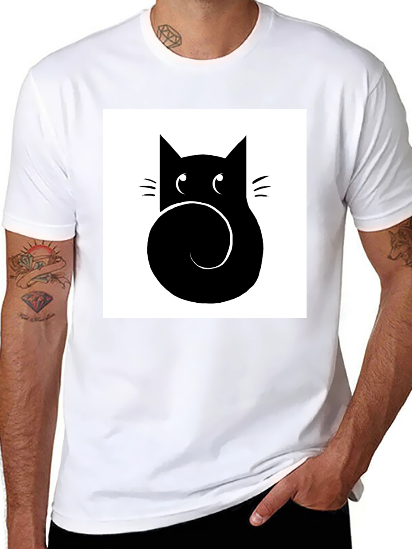 Stylized Cat Graphic Tee - Black Cotton Casual Shirt