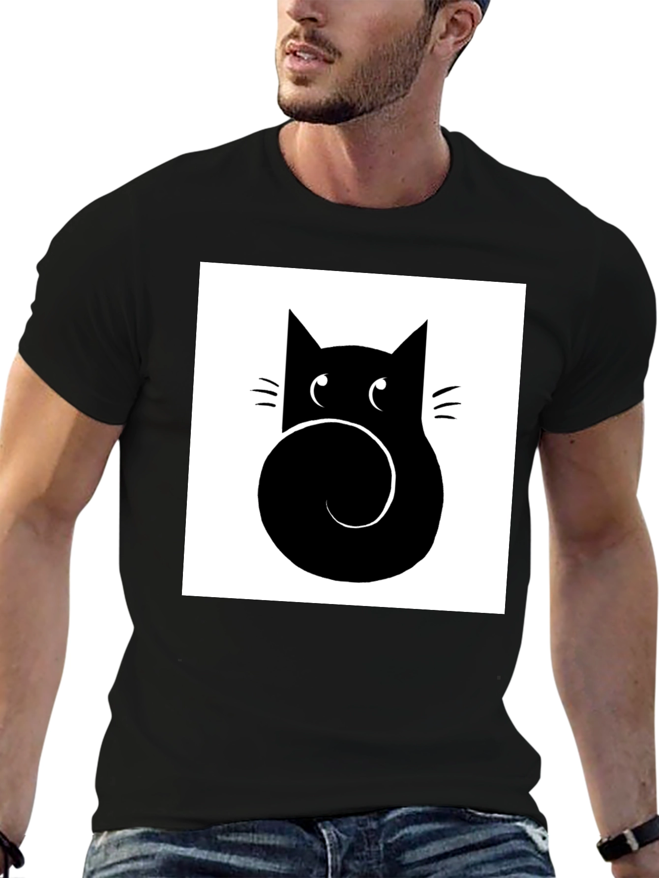 Stylized Cat Graphic Tee - Black Cotton Casual Shirt