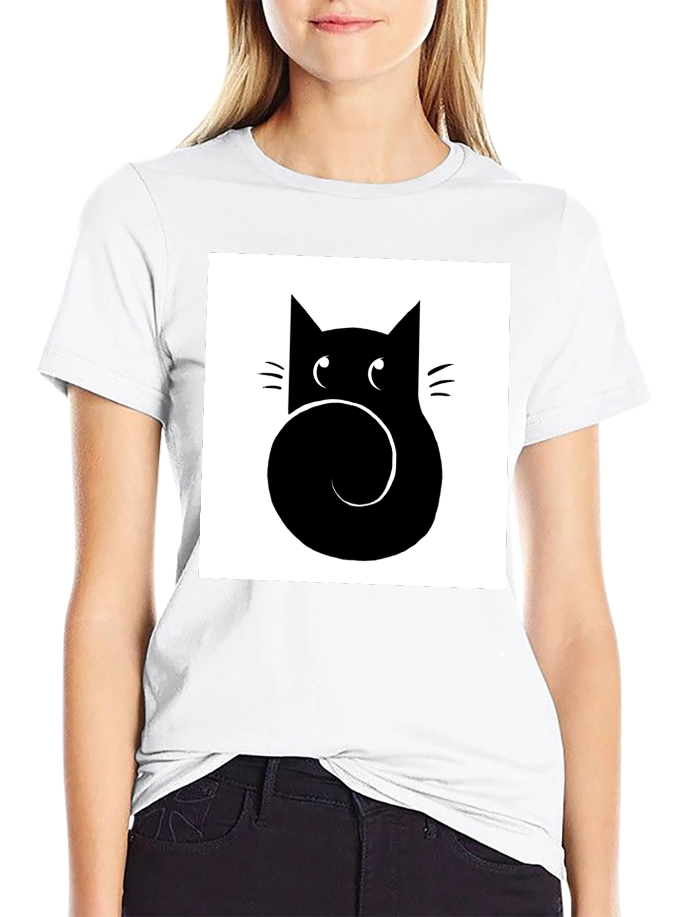 Stylized Cat Graphic Tee - Black Cotton Casual Shirt