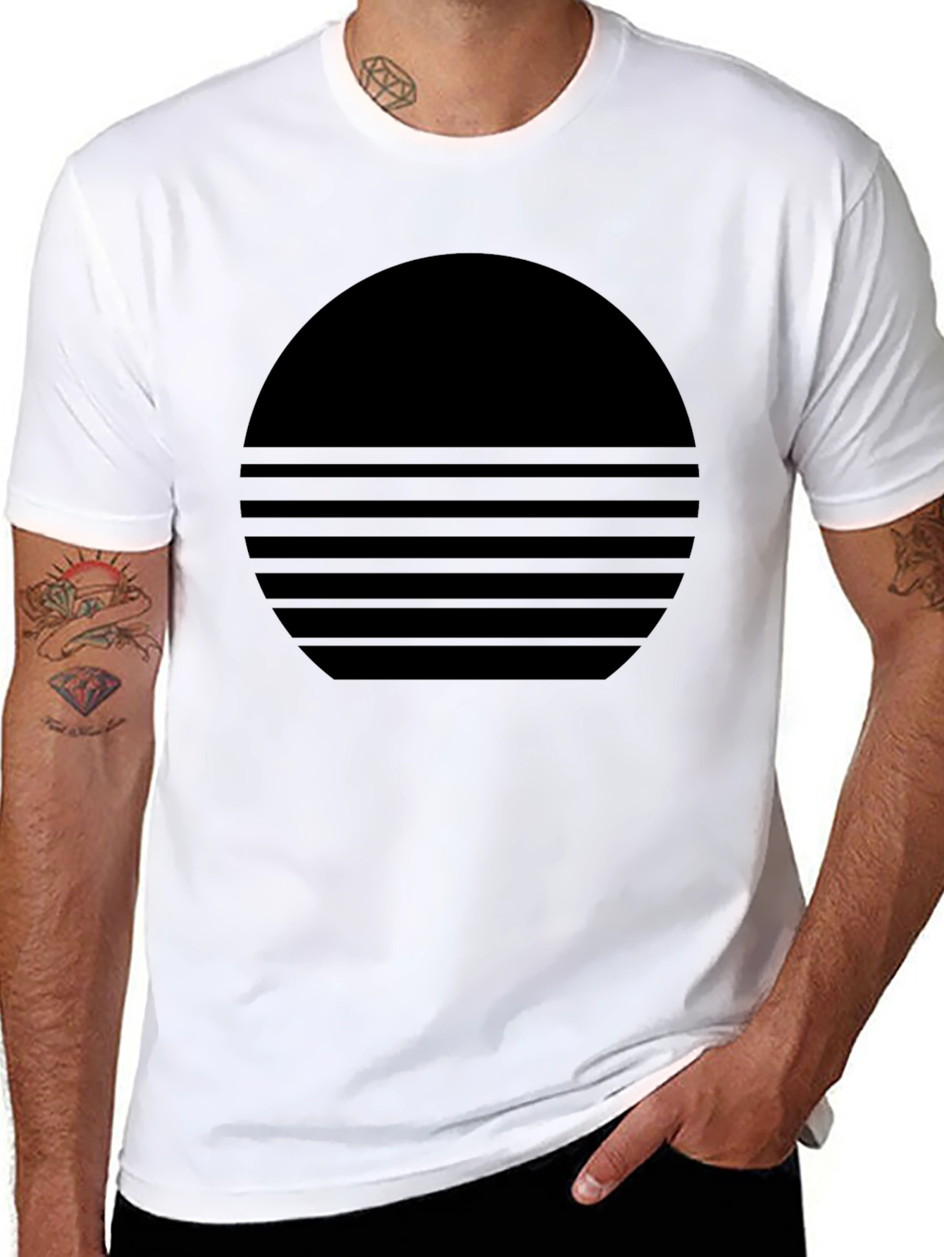 Modern Black Graphic Tee - Striped Circle Design