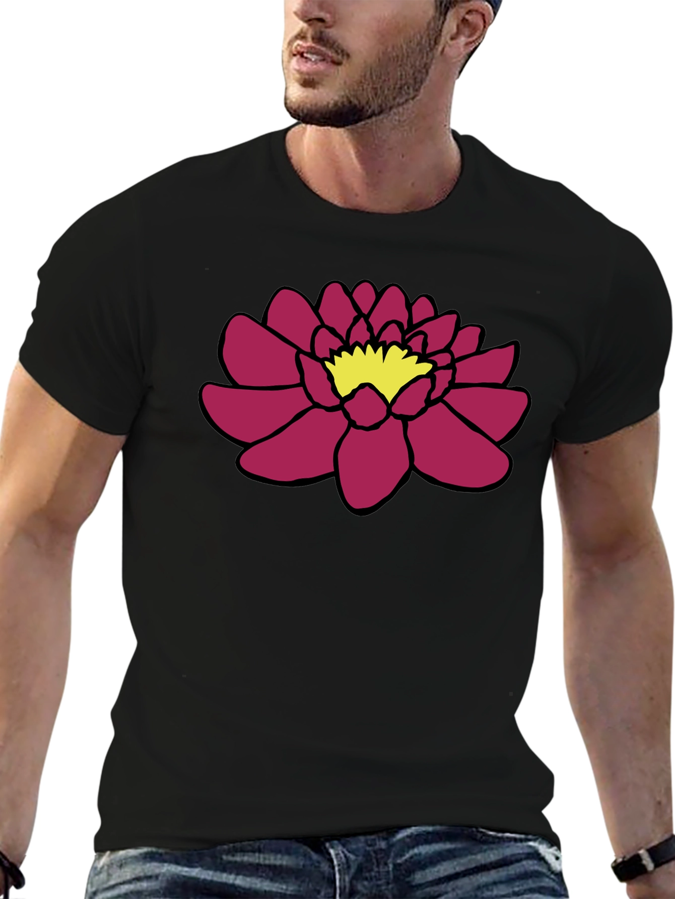 Black Tee with Floral Lotus Design