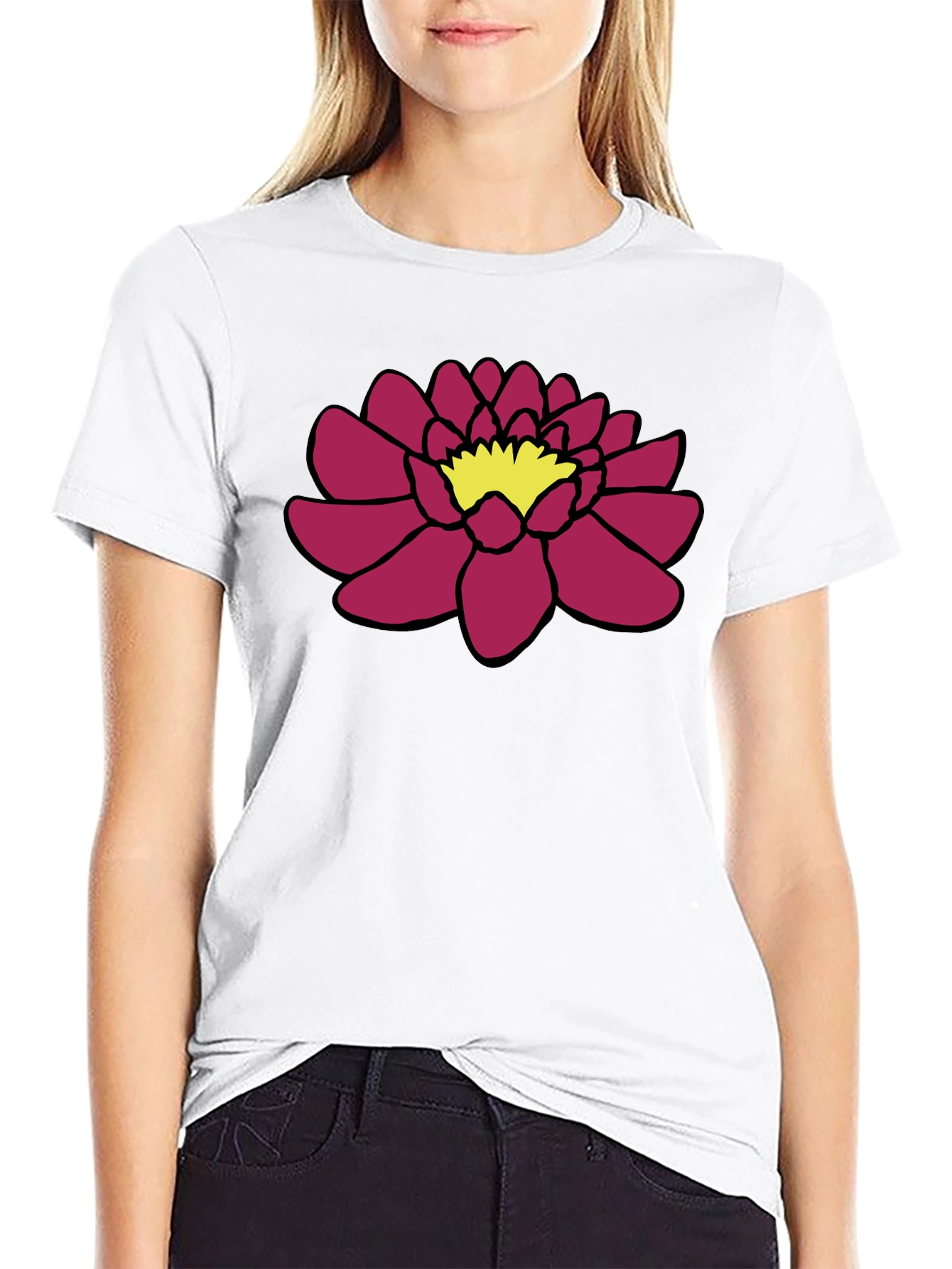 Black Tee with Floral Lotus Design