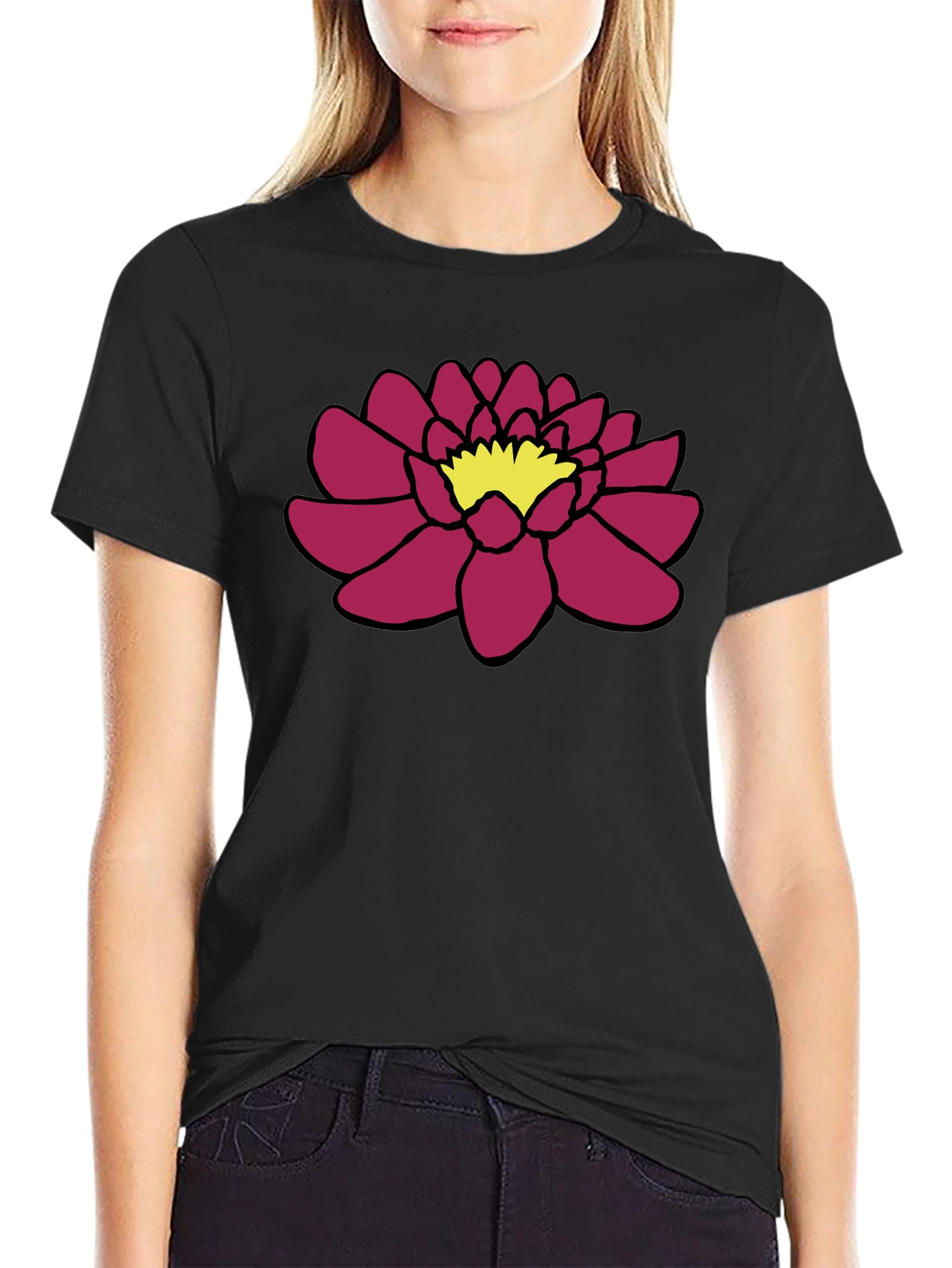 Black Tee with Floral Lotus Design