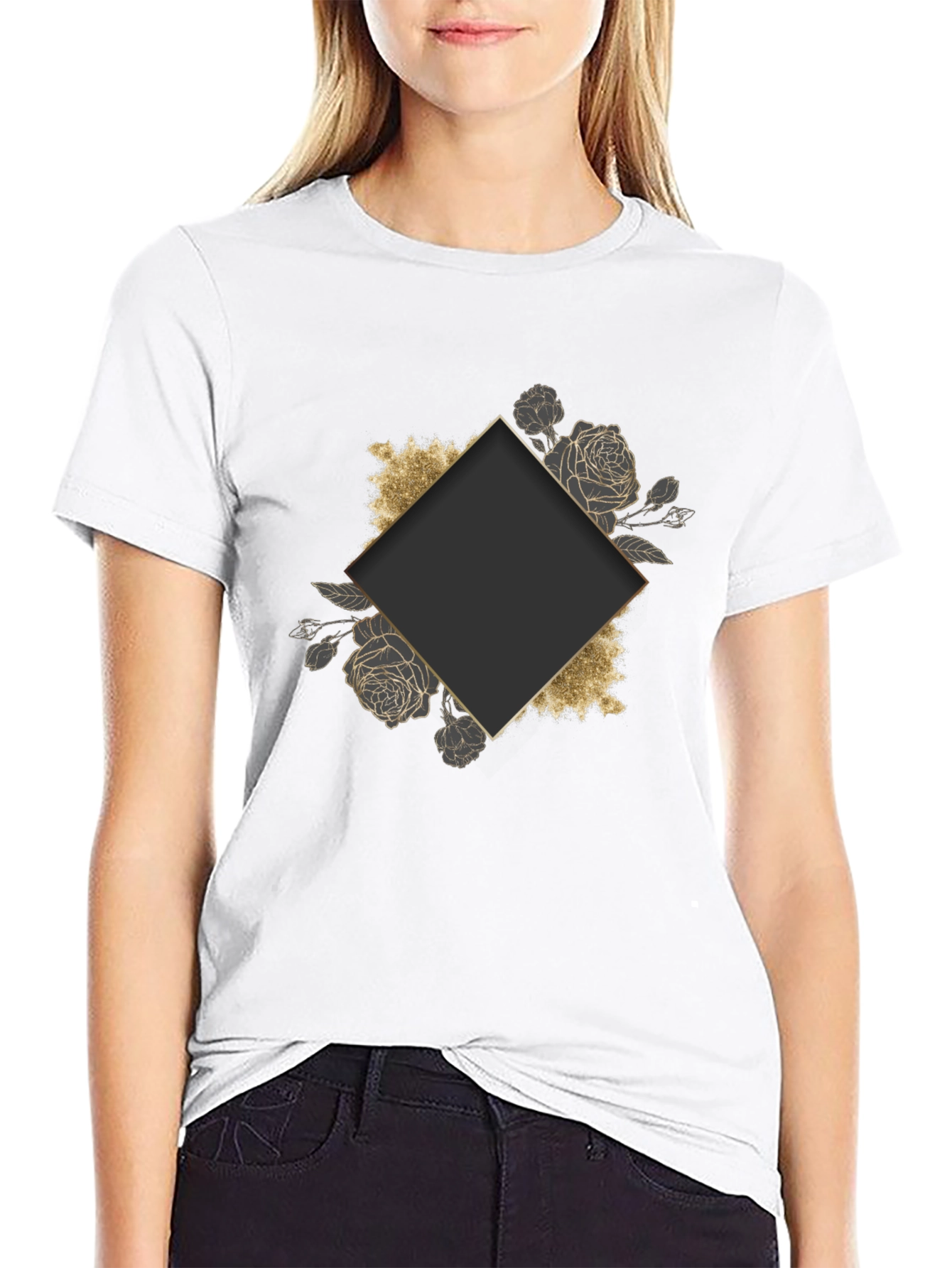 Stylish Black Tee with Floral Diamond Graphic