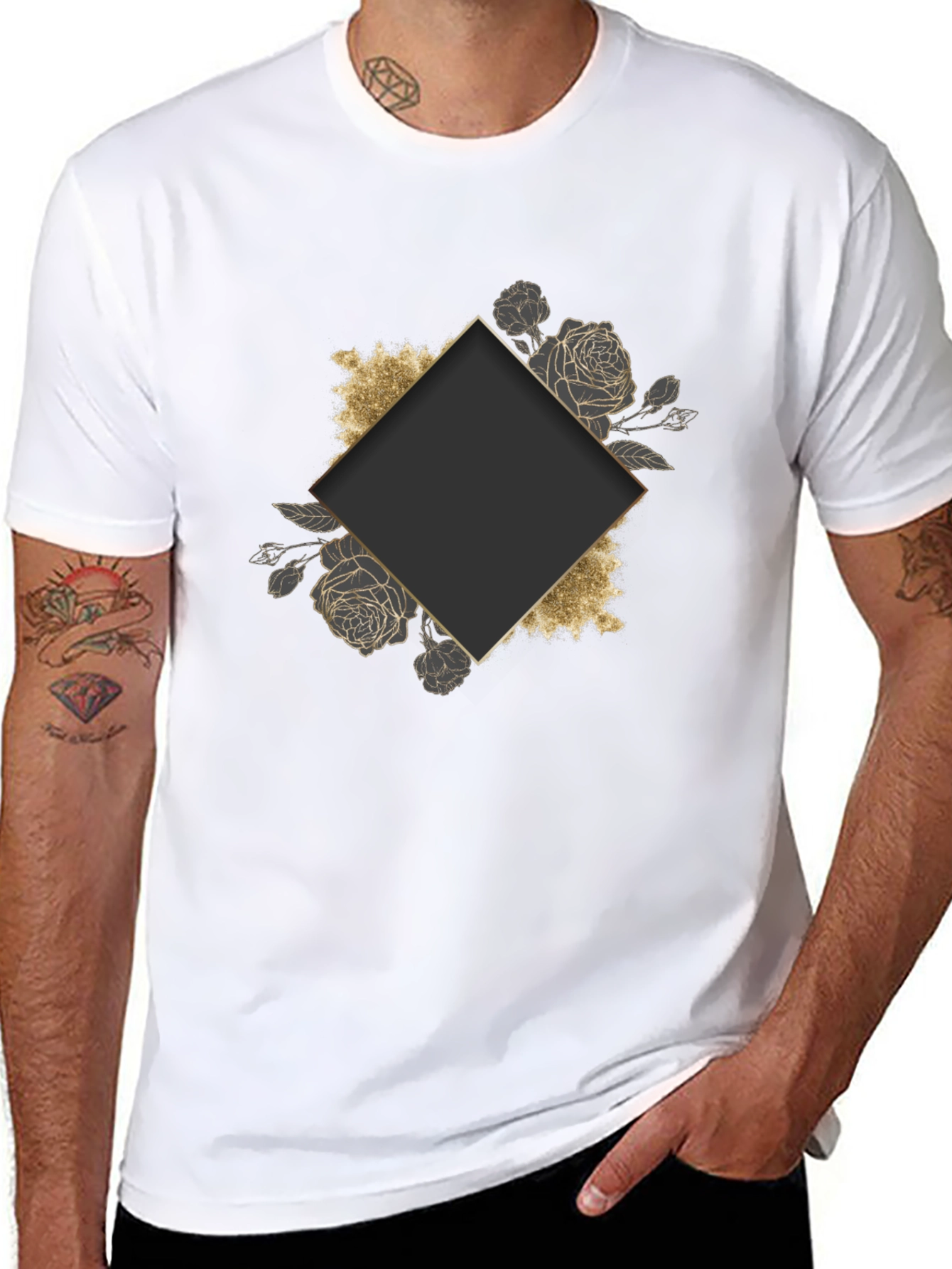 Stylish Black Tee with Floral Diamond Graphic