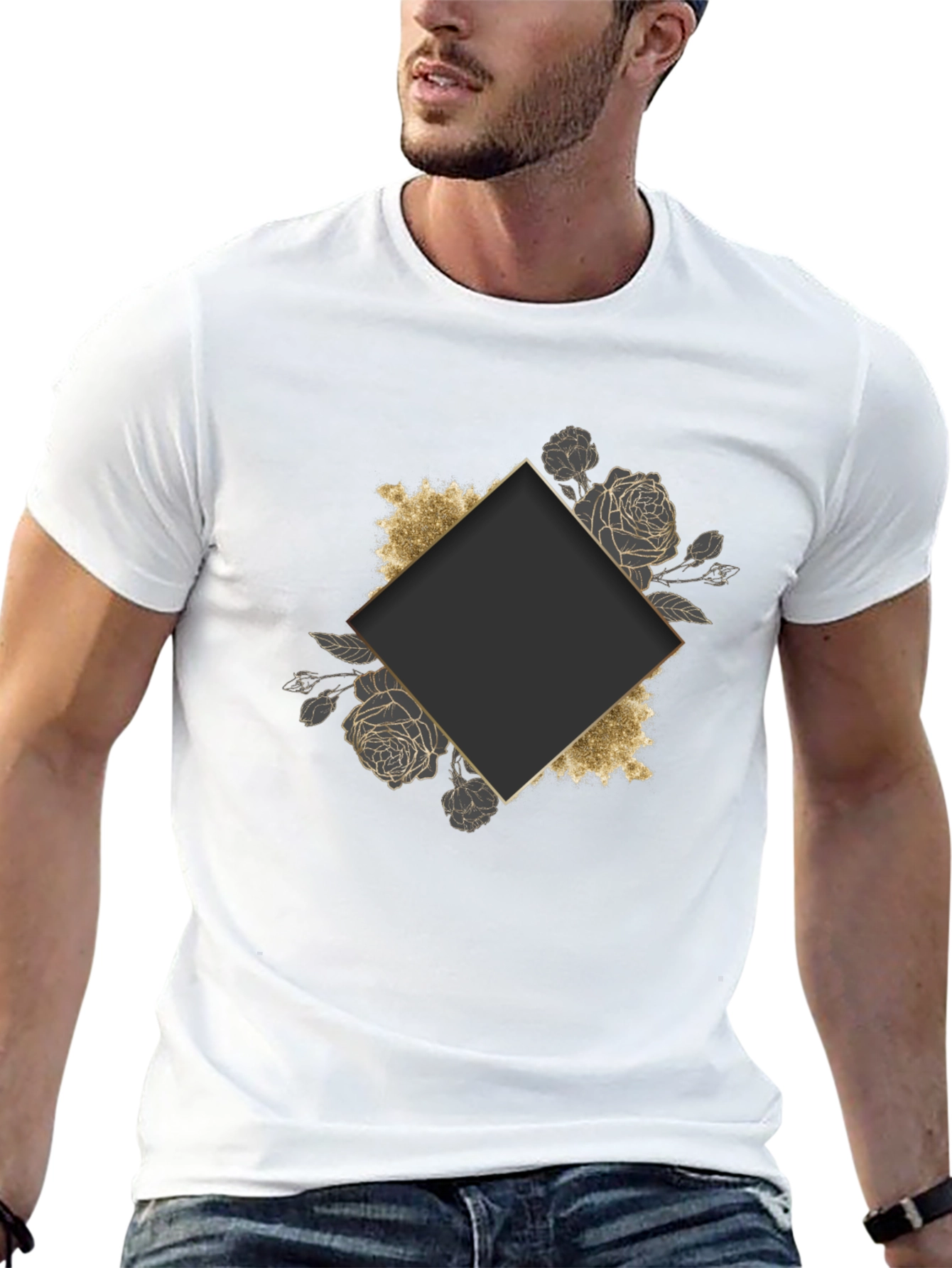 Stylish Black Tee with Floral Diamond Graphic