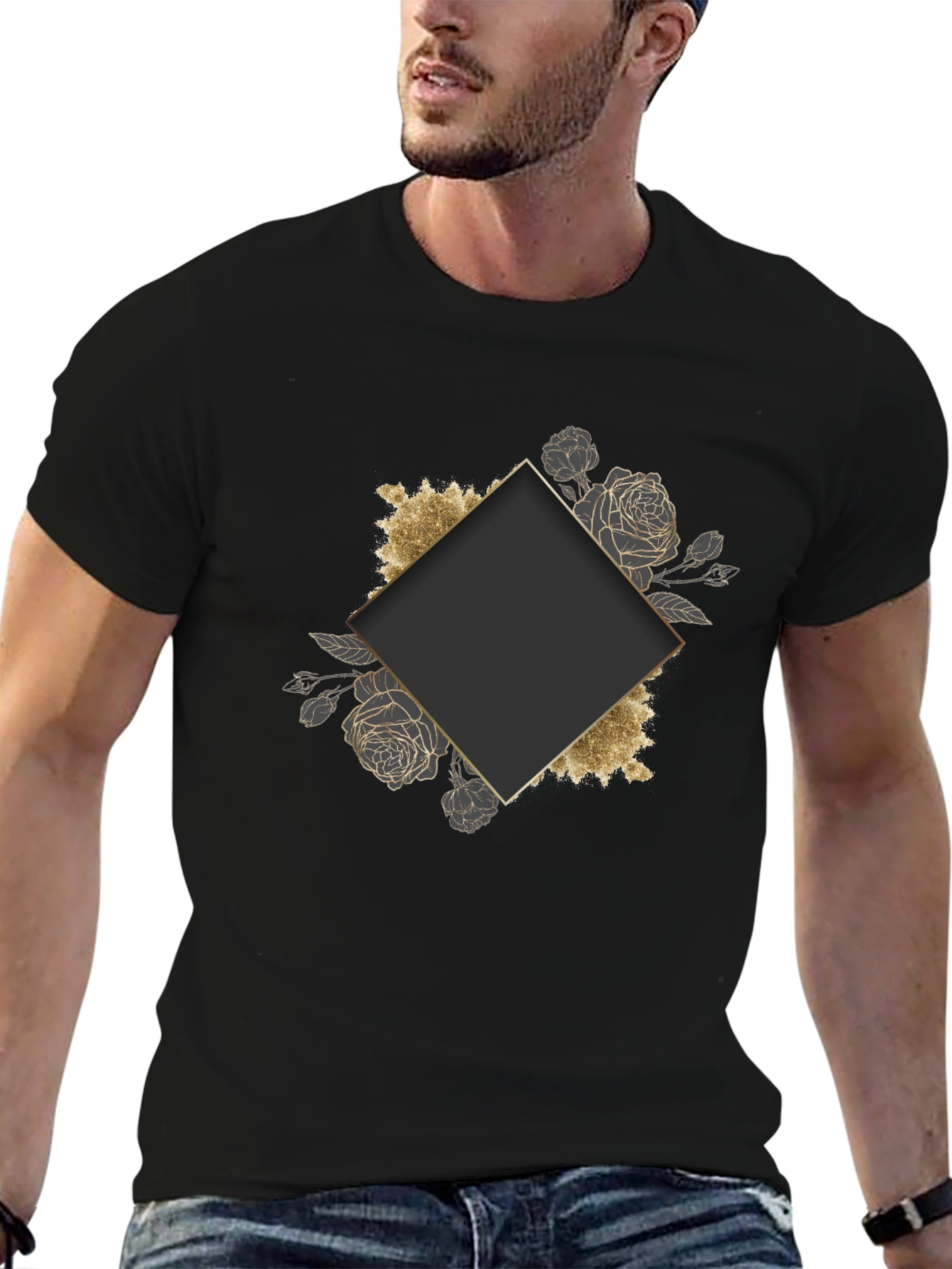 Stylish Black Tee with Floral Diamond Graphic
