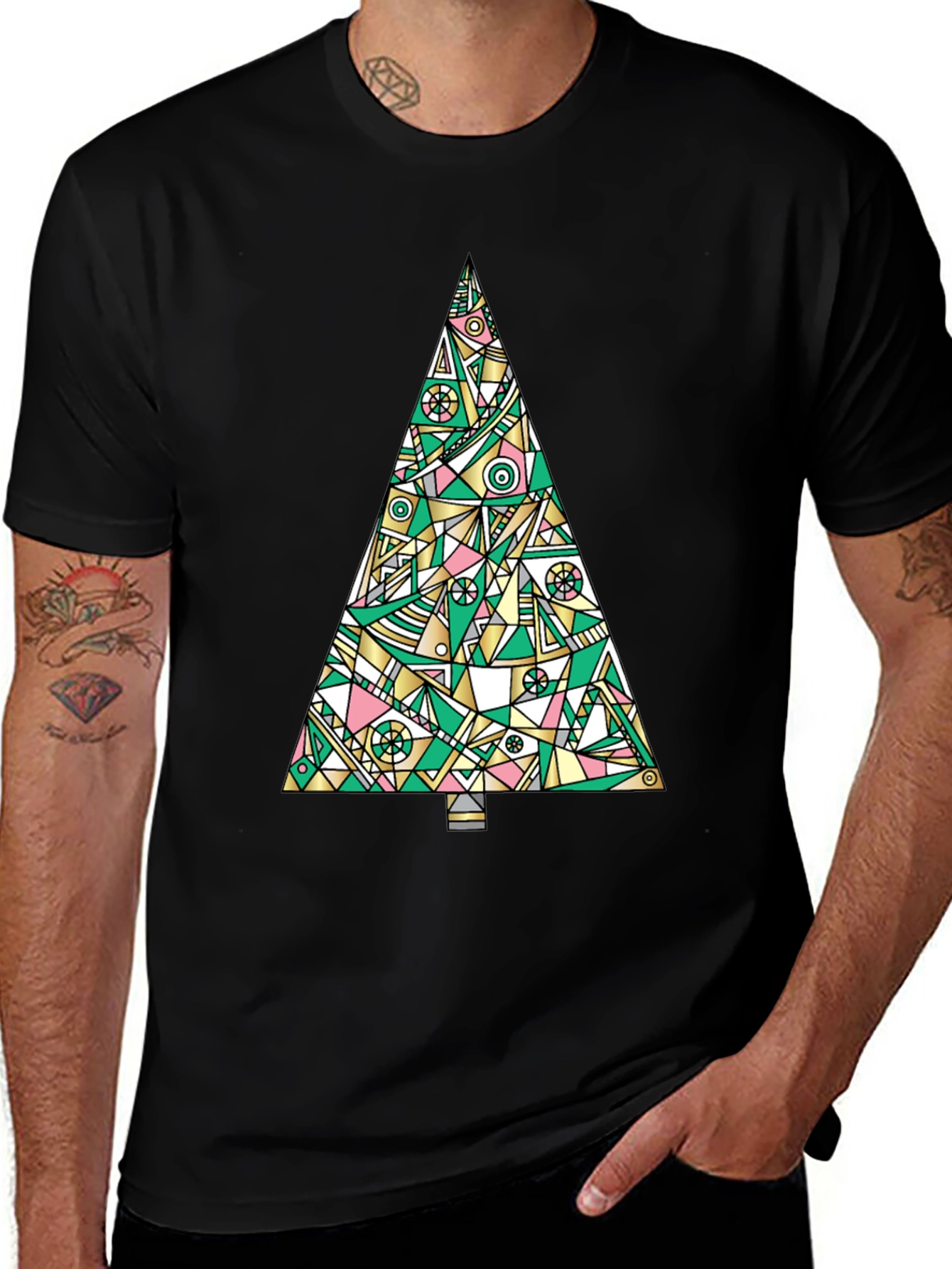 Abstract Christmas Tree Graphic Tee - Black