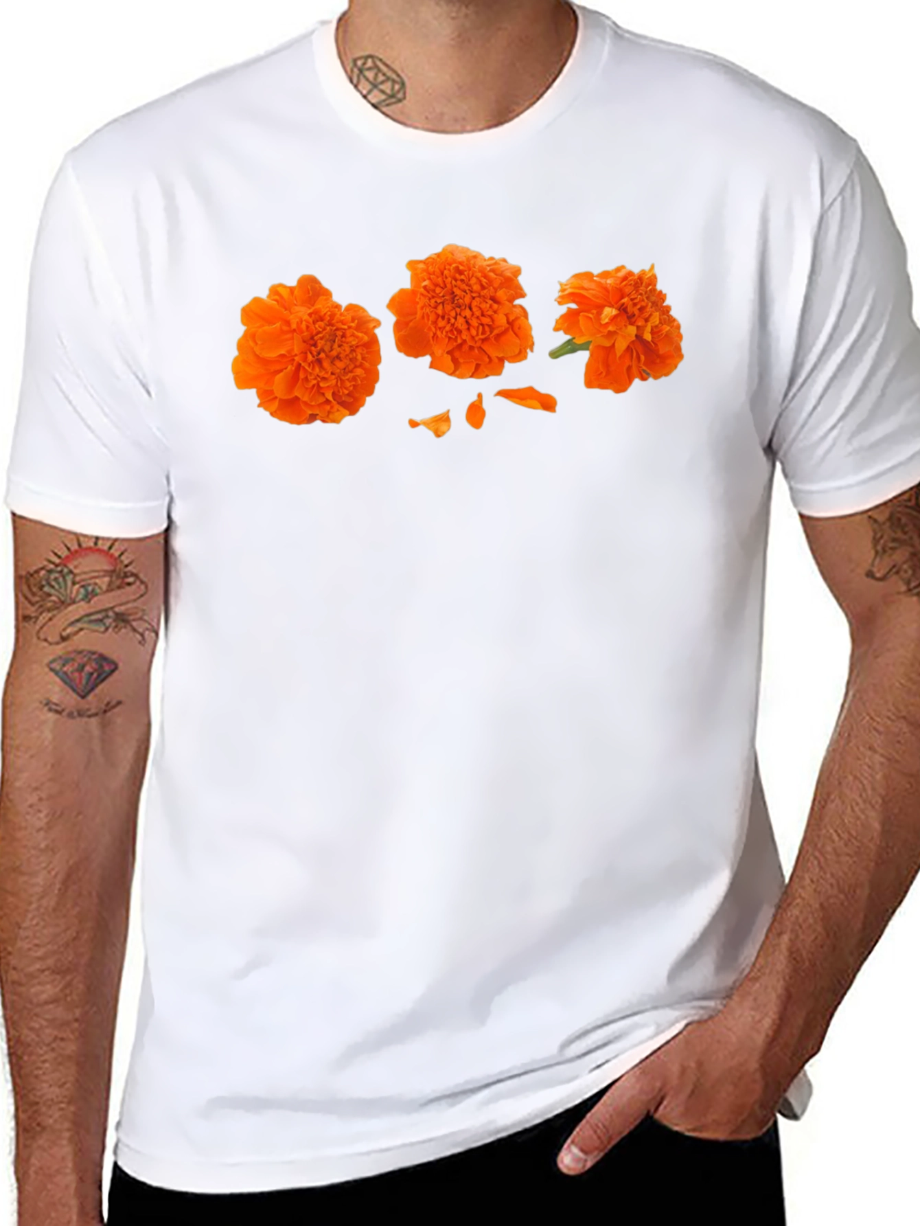 Orange Flower Print Black T-Shirt - Casual Style