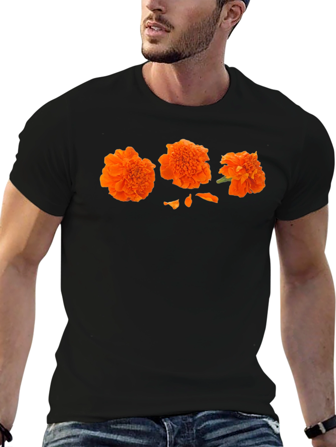 Orange Flower Print Black T-Shirt - Casual Style
