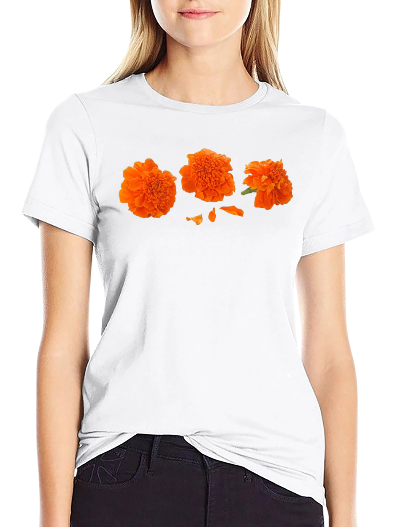 Orange Flower Print Black T-Shirt - Casual Style