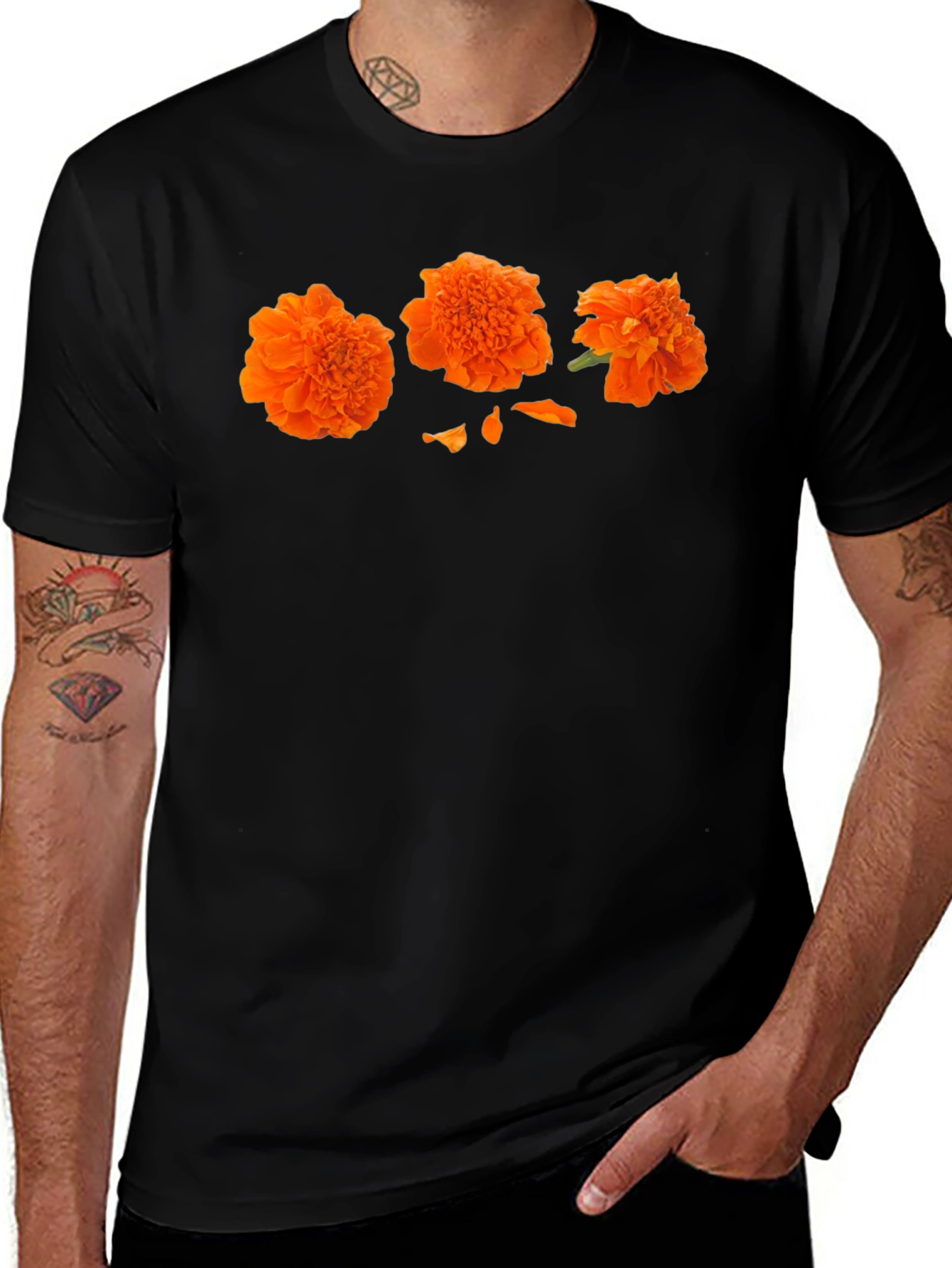Orange Flower Print Black T-Shirt - Casual Style