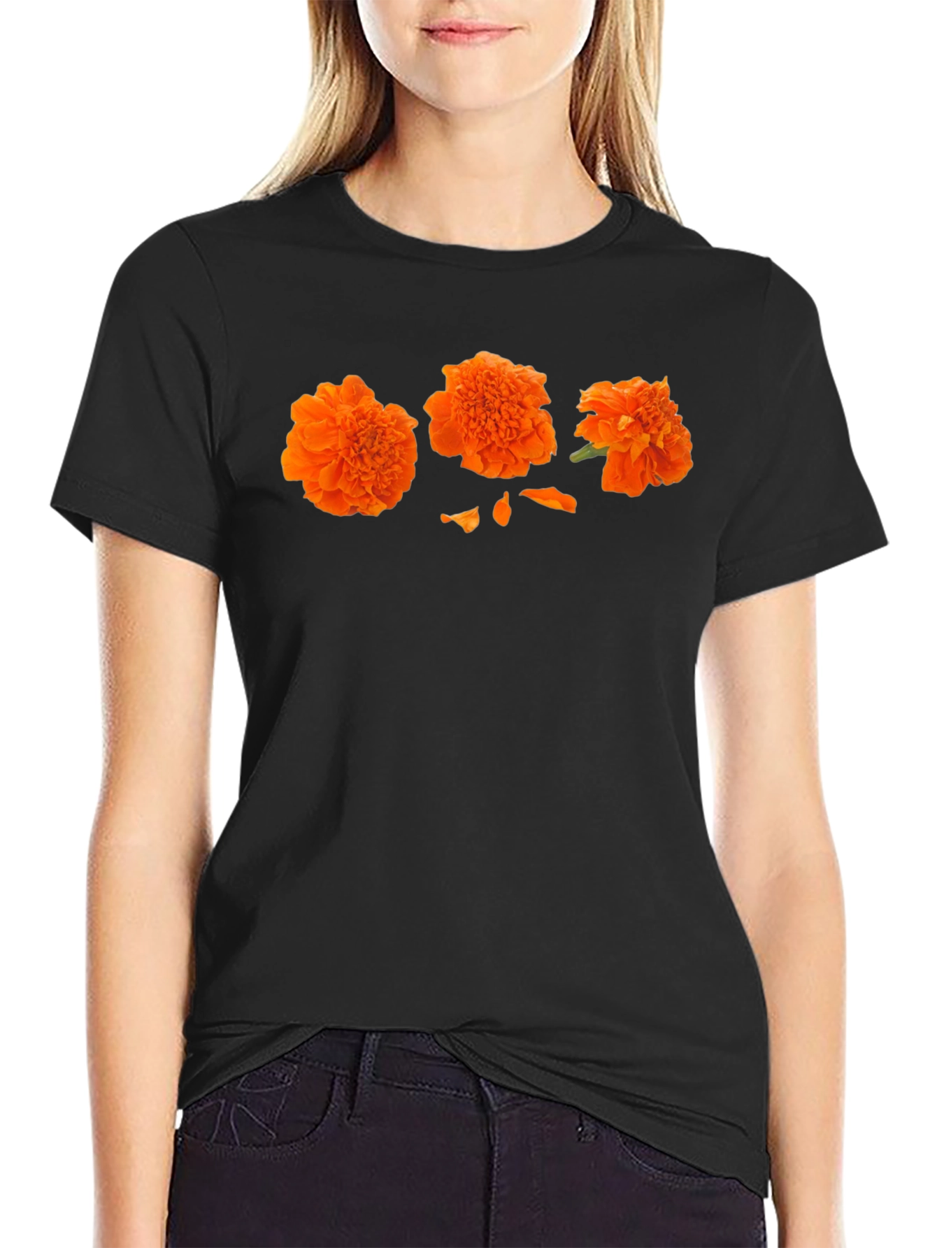 Orange Flower Print Black T-Shirt - Casual Style