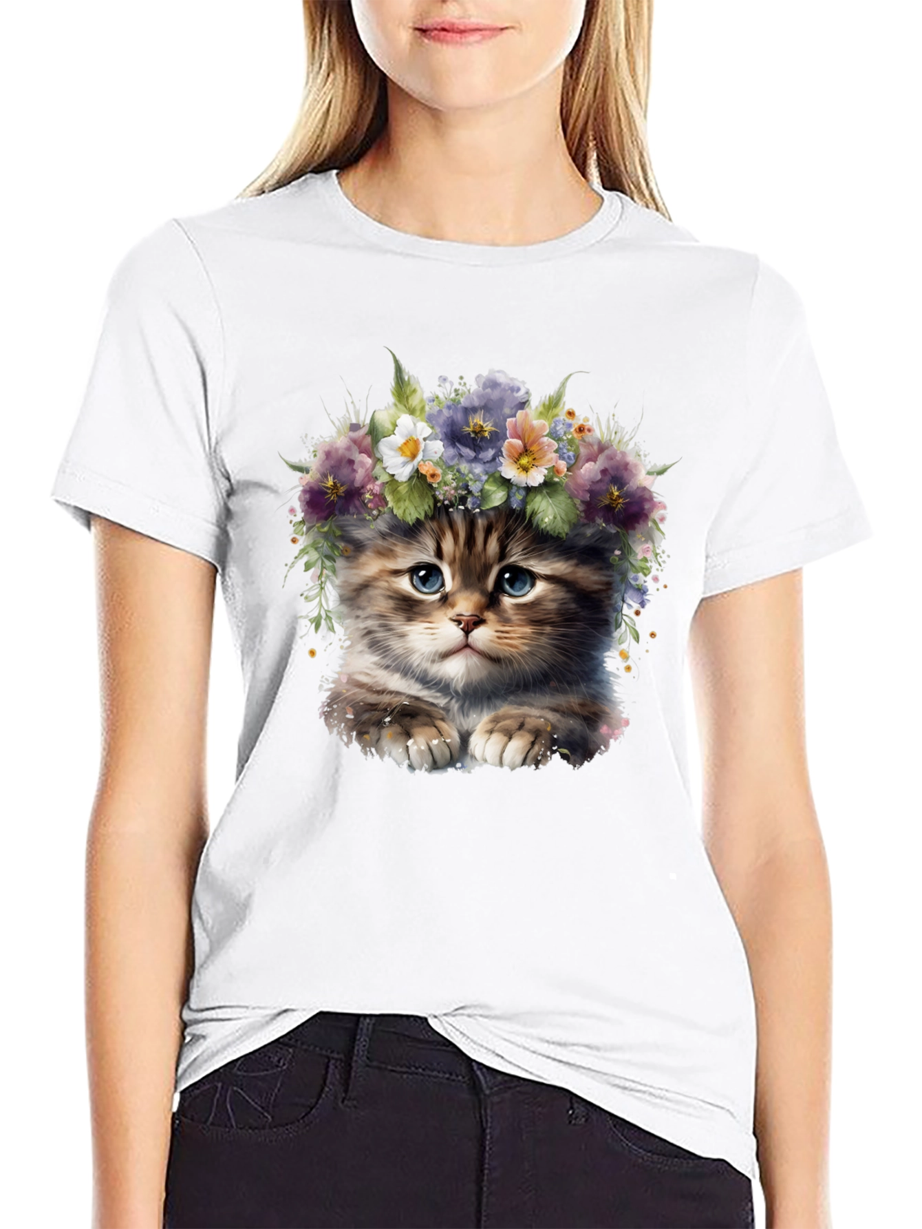 Cute Kitten Floral Crown Graphic Tee - Black