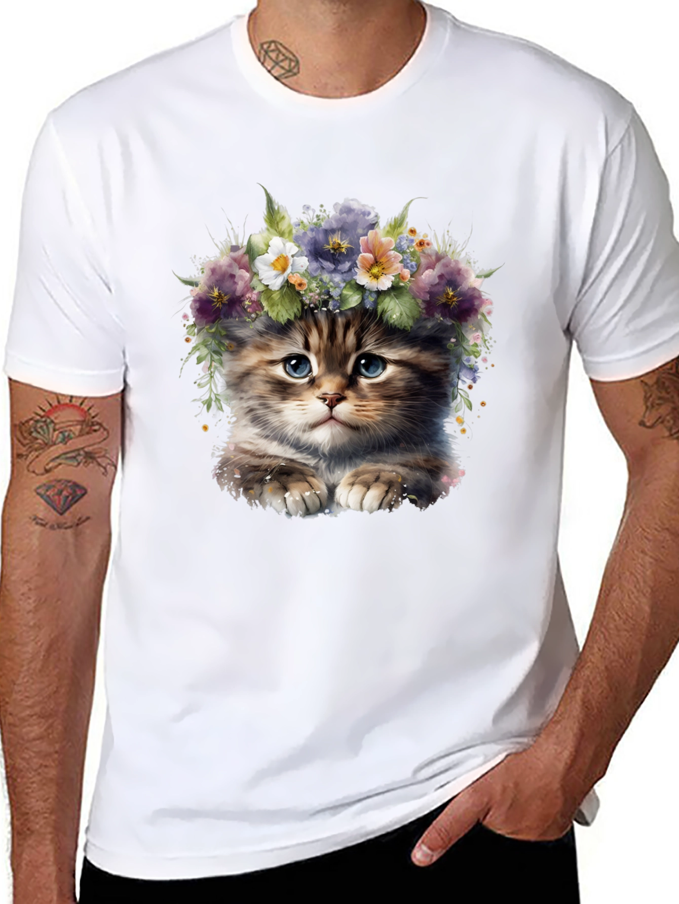 Cute Kitten Floral Crown Graphic Tee - Black