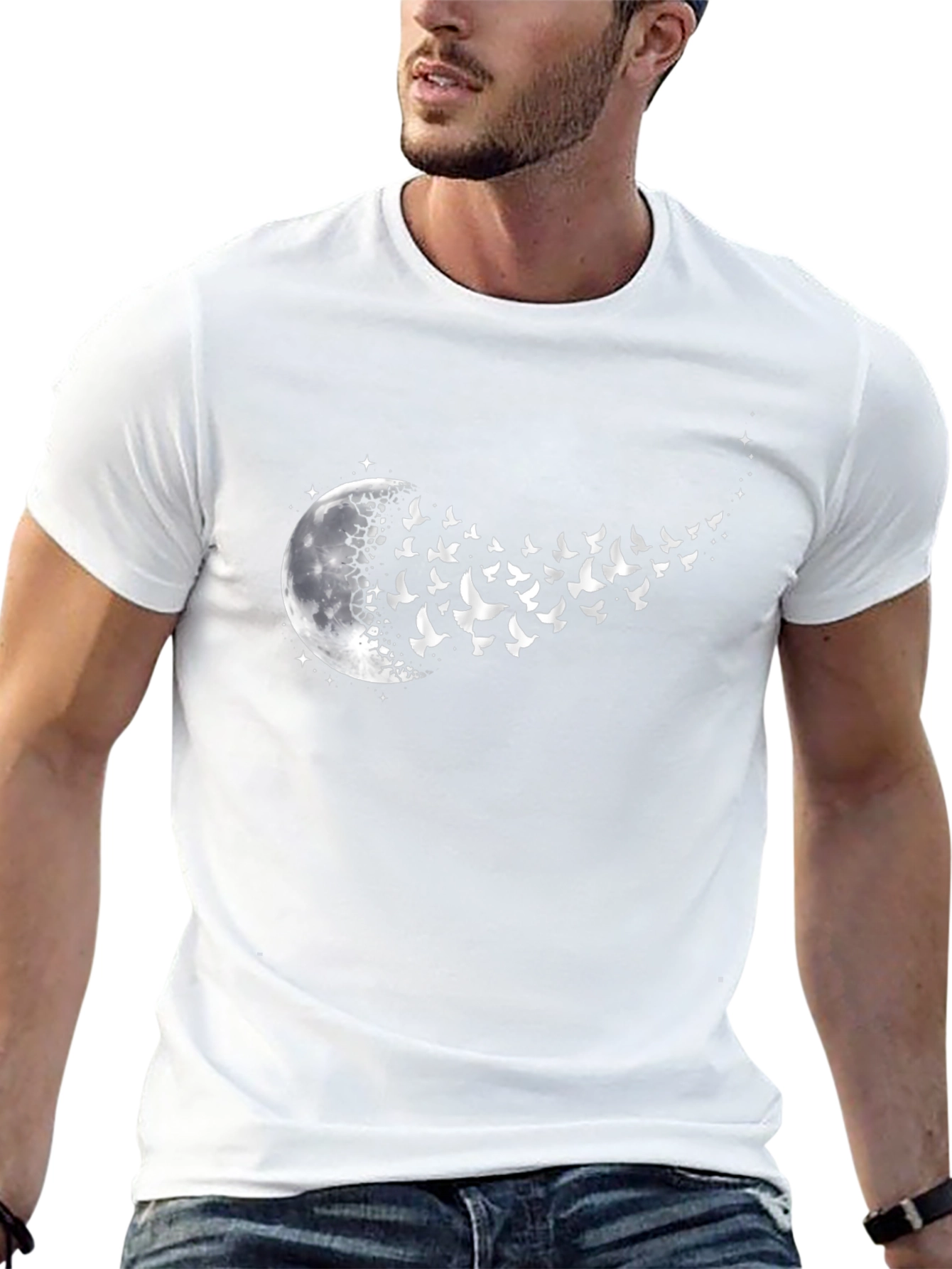 Moon and Birds Graphic Black T-Shirt