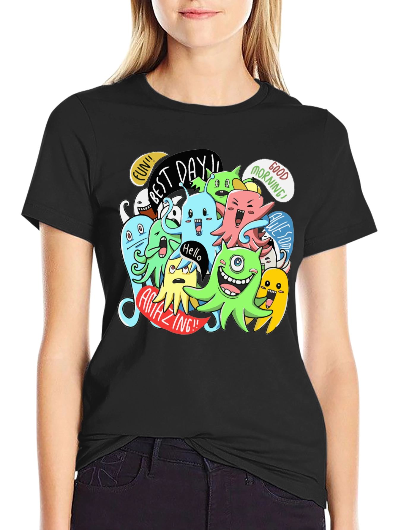 Fun Cartoon Monster Graphic Black T-Shirt