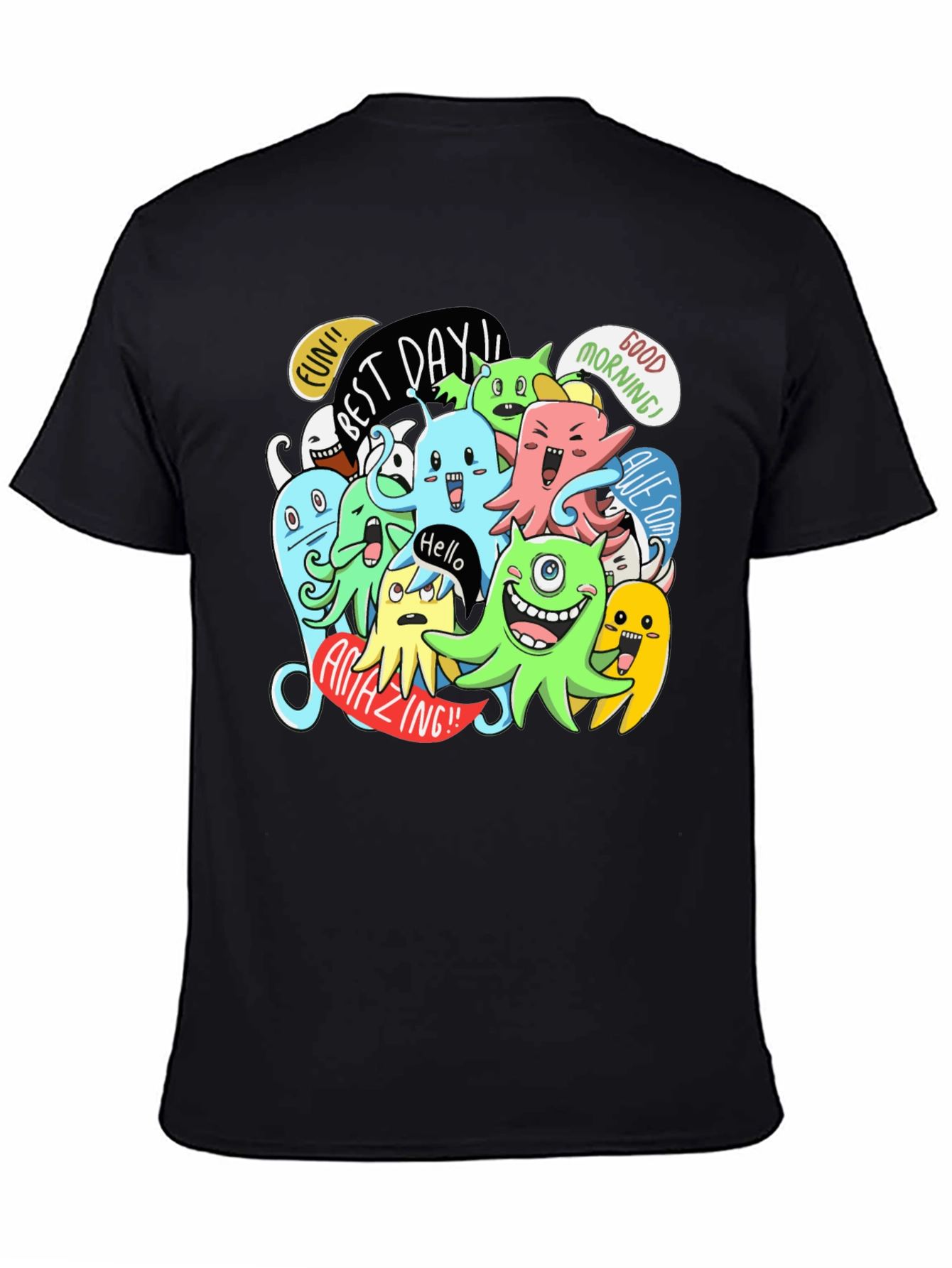 Fun Cartoon Monster Graphic Black T-Shirt