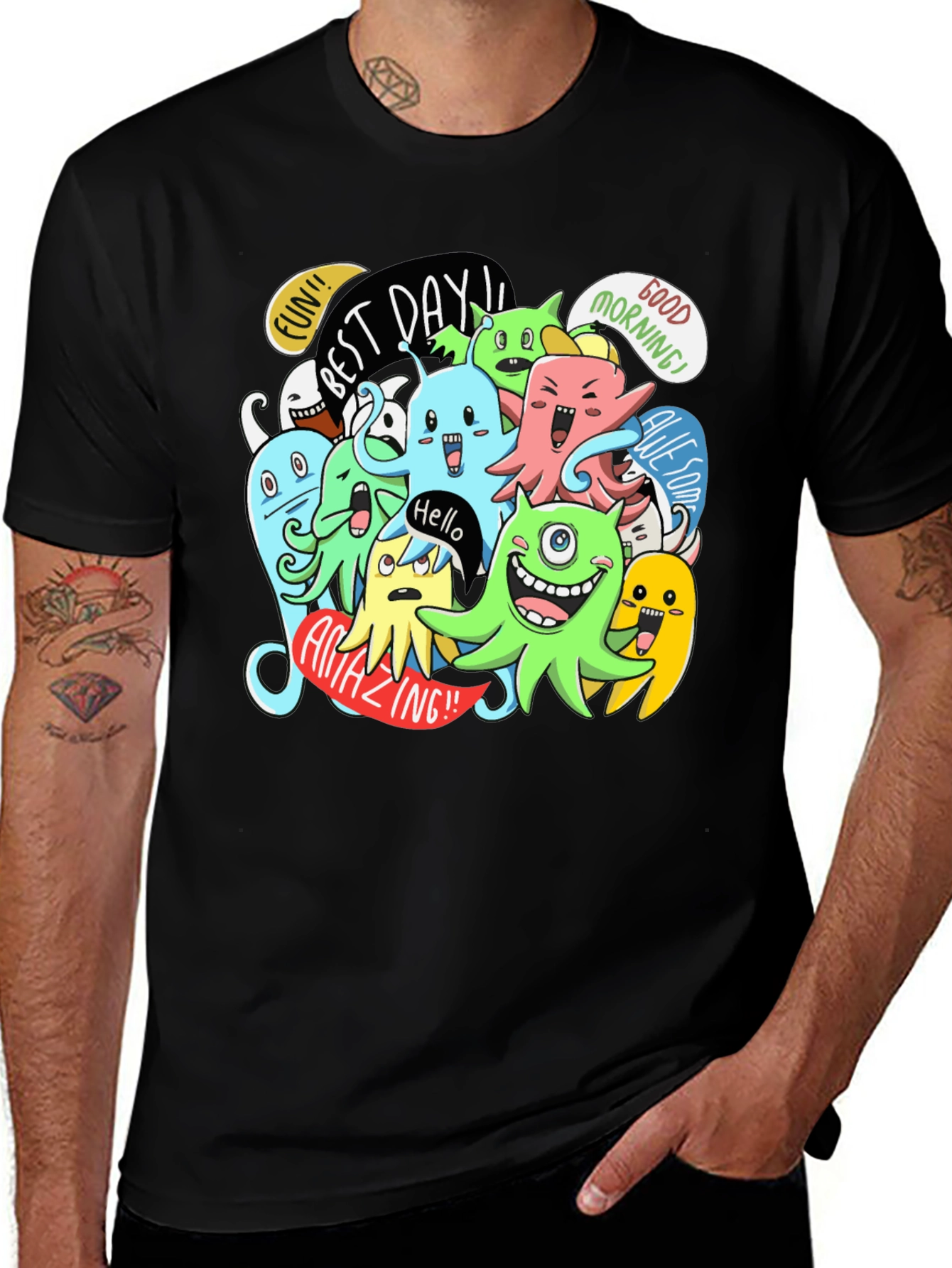 Fun Cartoon Monster Graphic Black T-Shirt