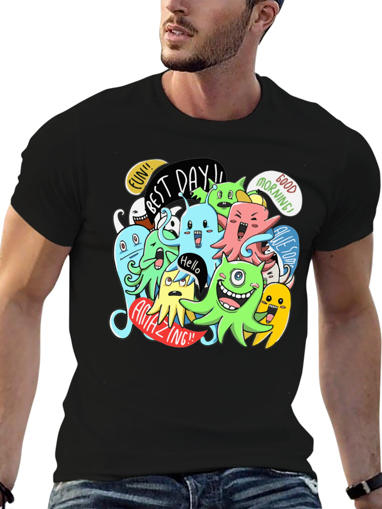 Fun Cartoon Monster Graphic Black T-Shirt