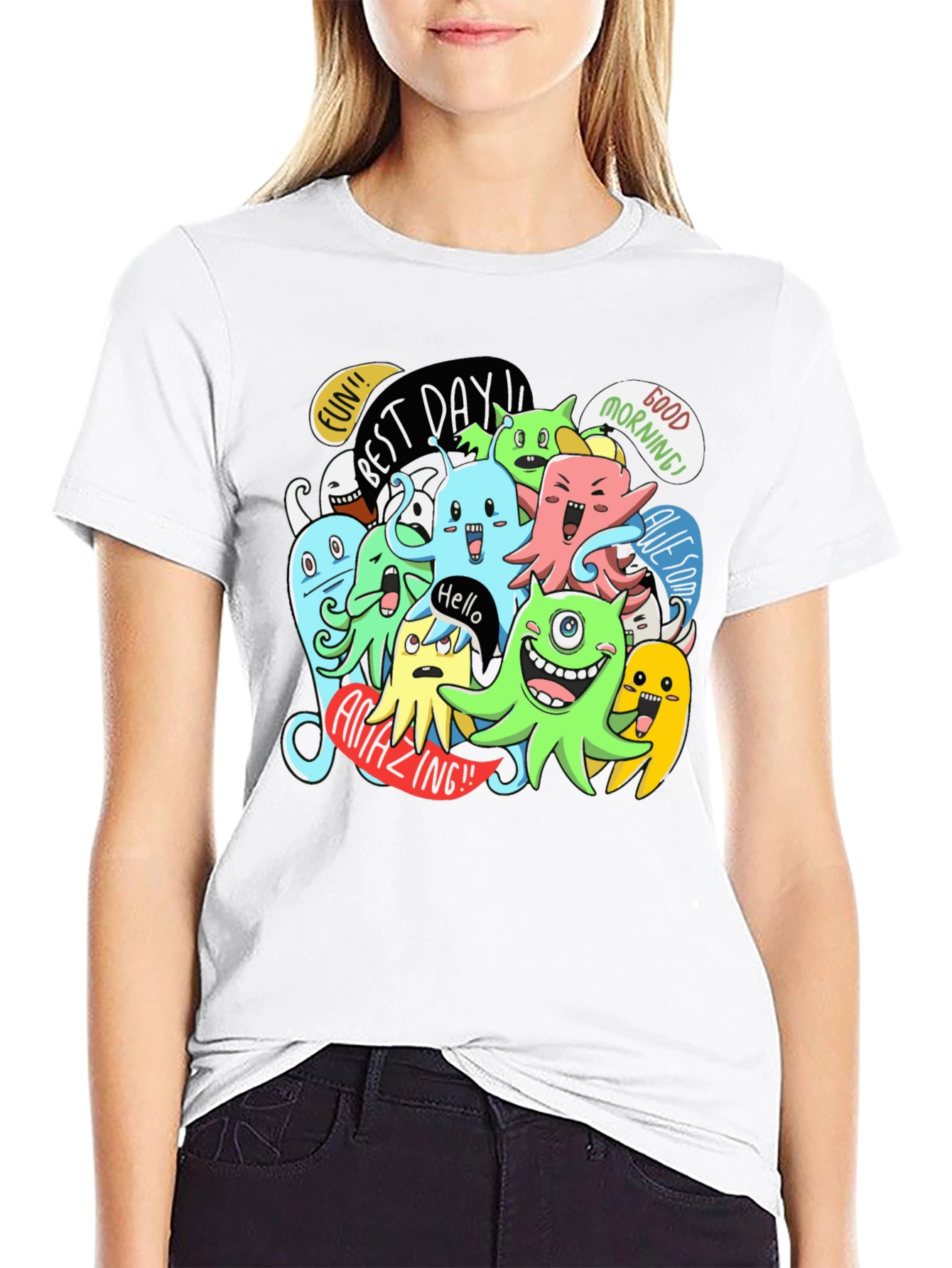 Fun Cartoon Monster Graphic Black T-Shirt