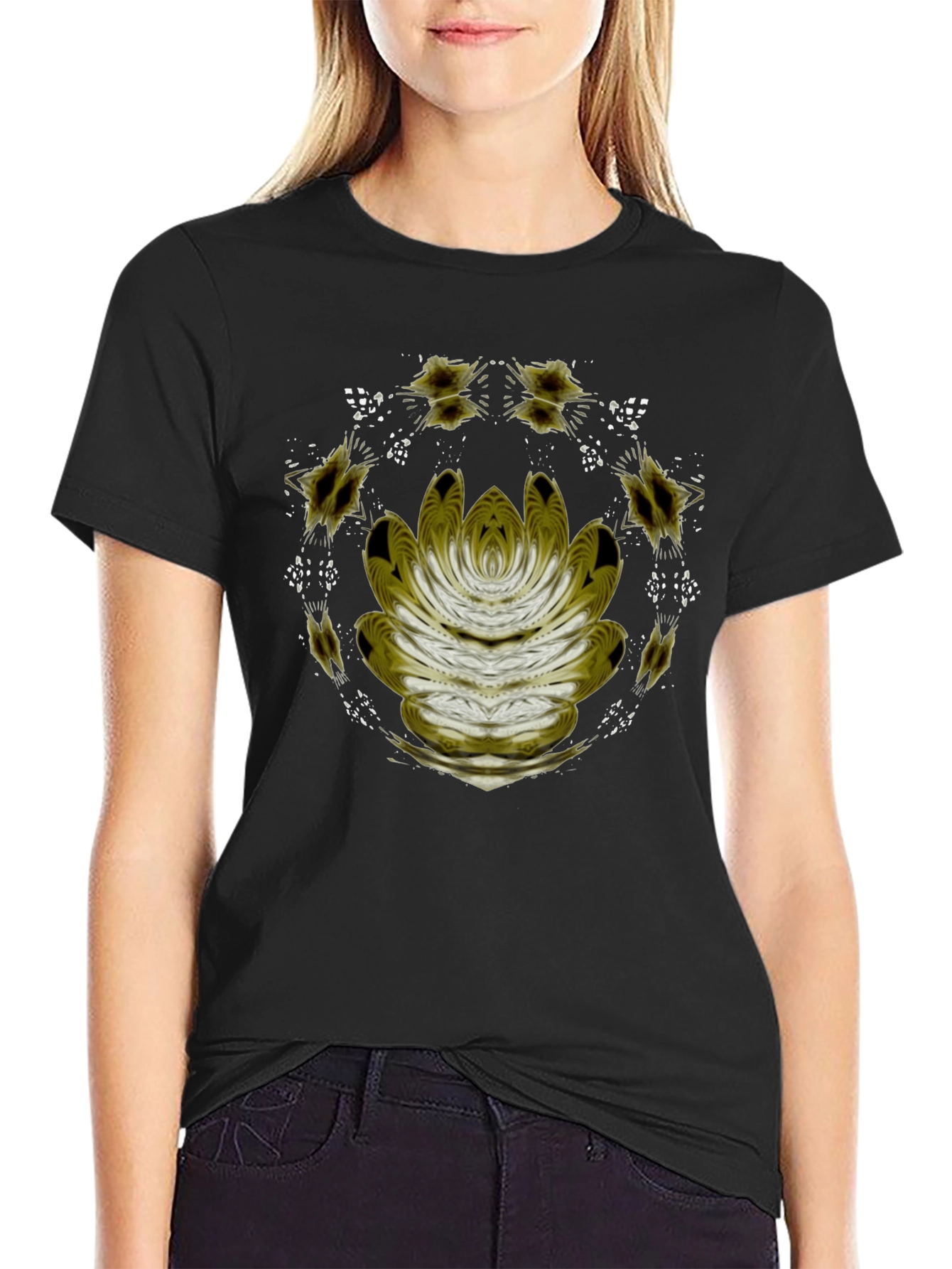 Abstract Lotus Graphic Black T-Shirt