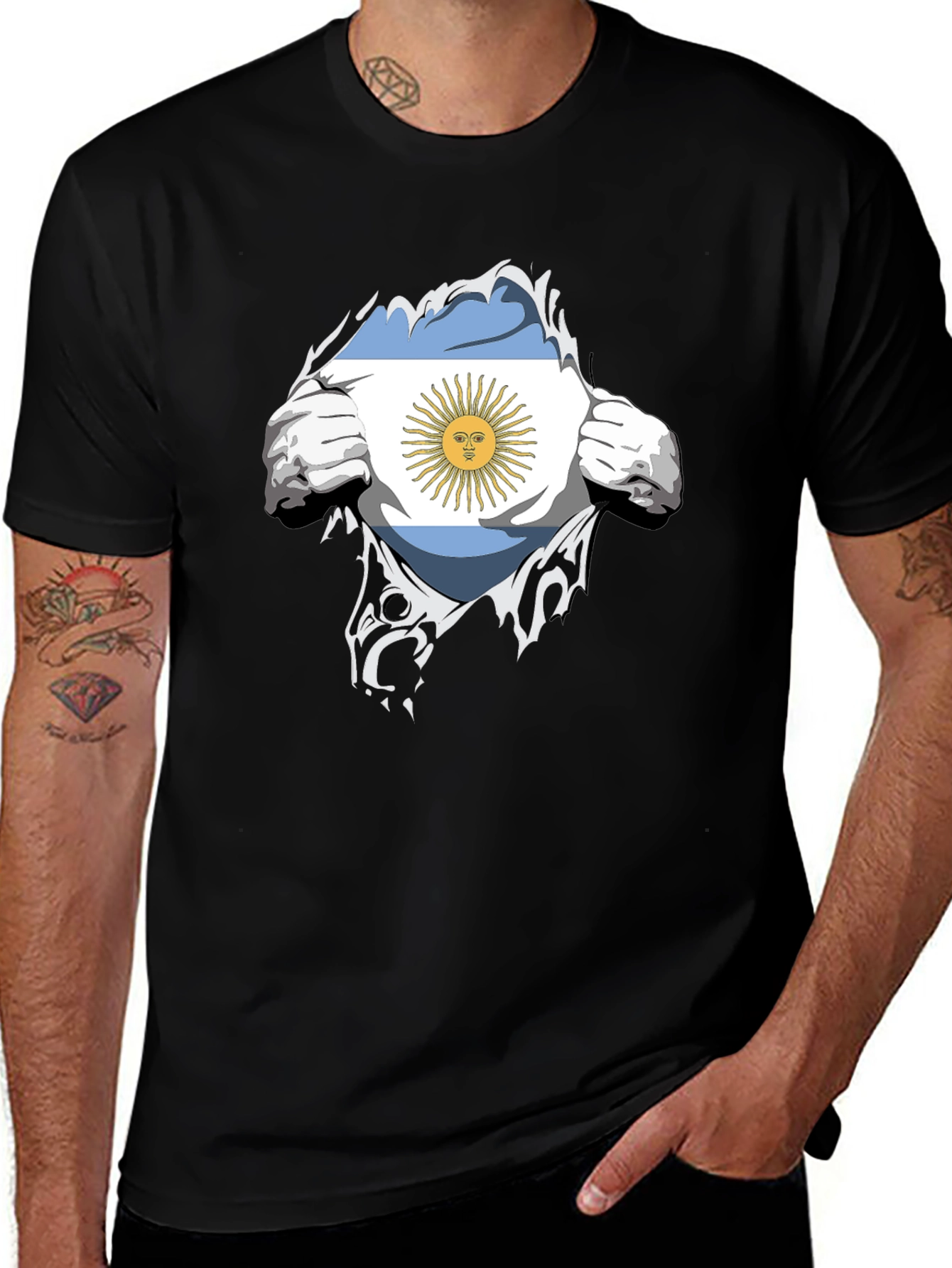 Argentina Flag Chest Rip Black T-Shirt