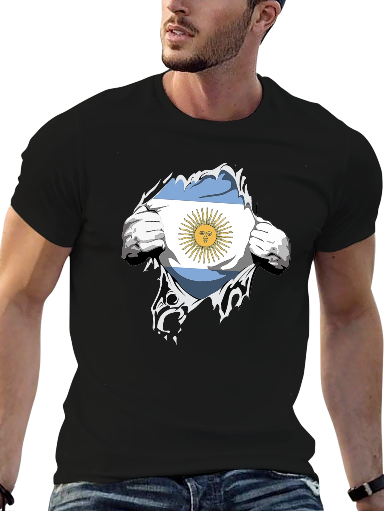 Argentina Flag Chest Rip Black T-Shirt