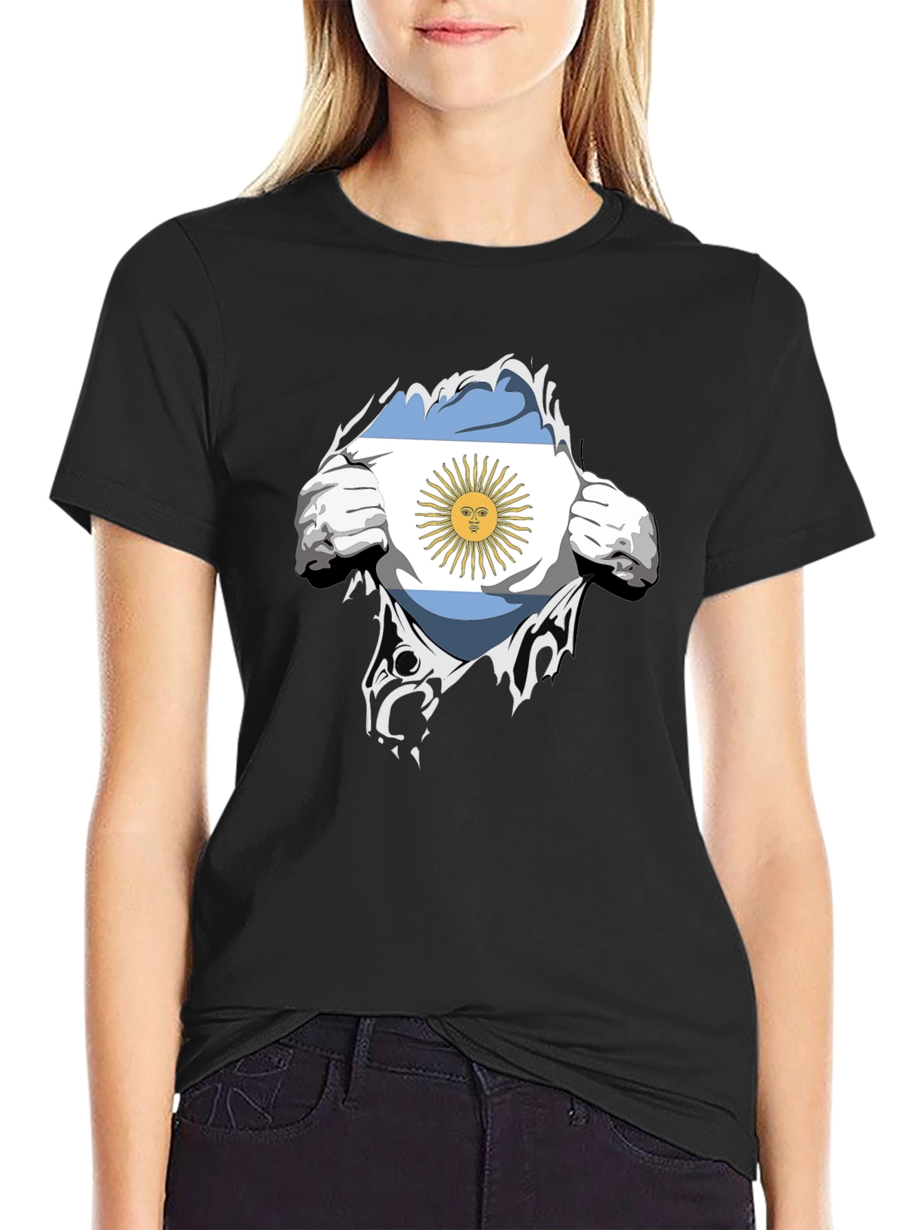 Argentina Flag Chest Rip Black T-Shirt