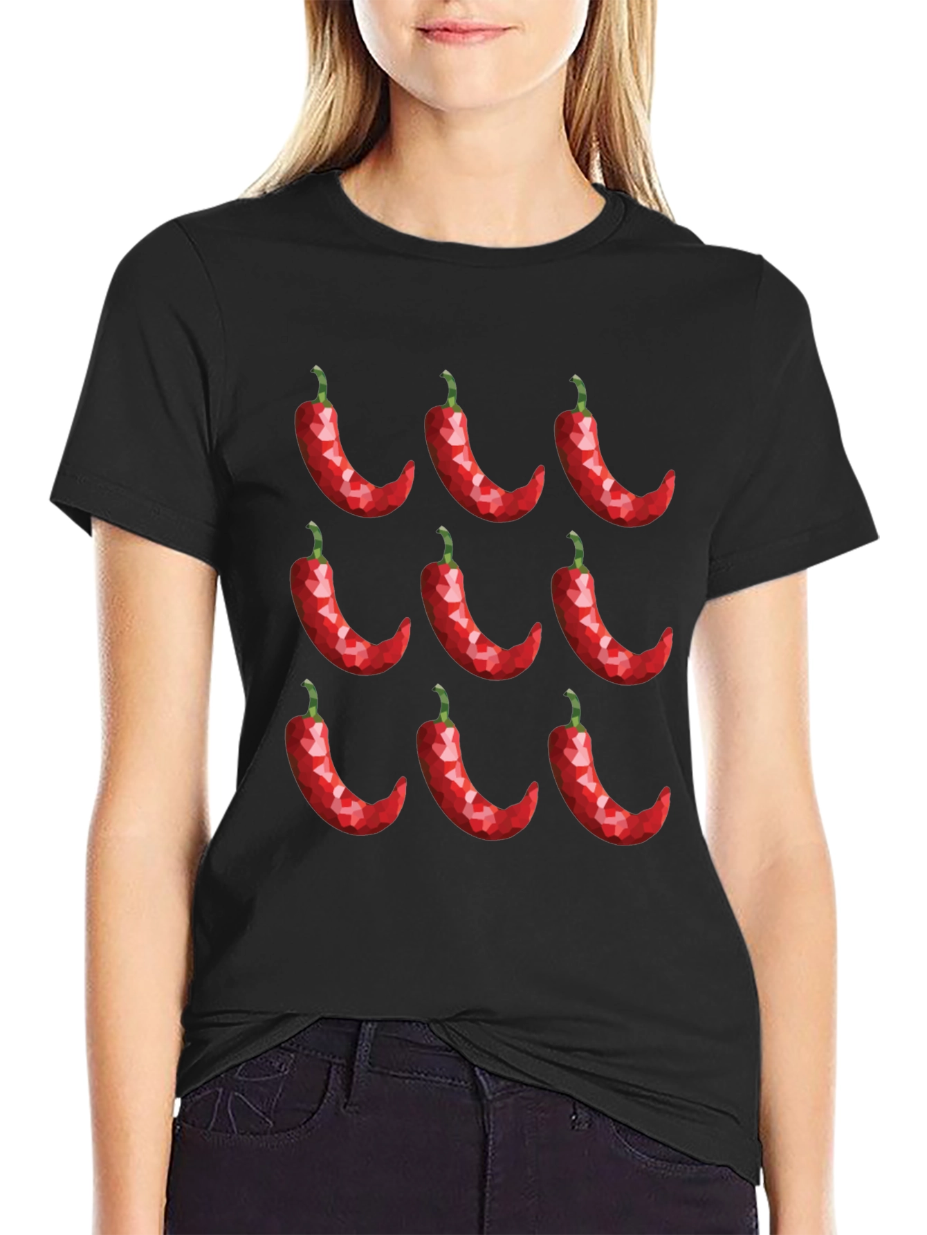 Chili Pepper Pattern Black T-Shirt