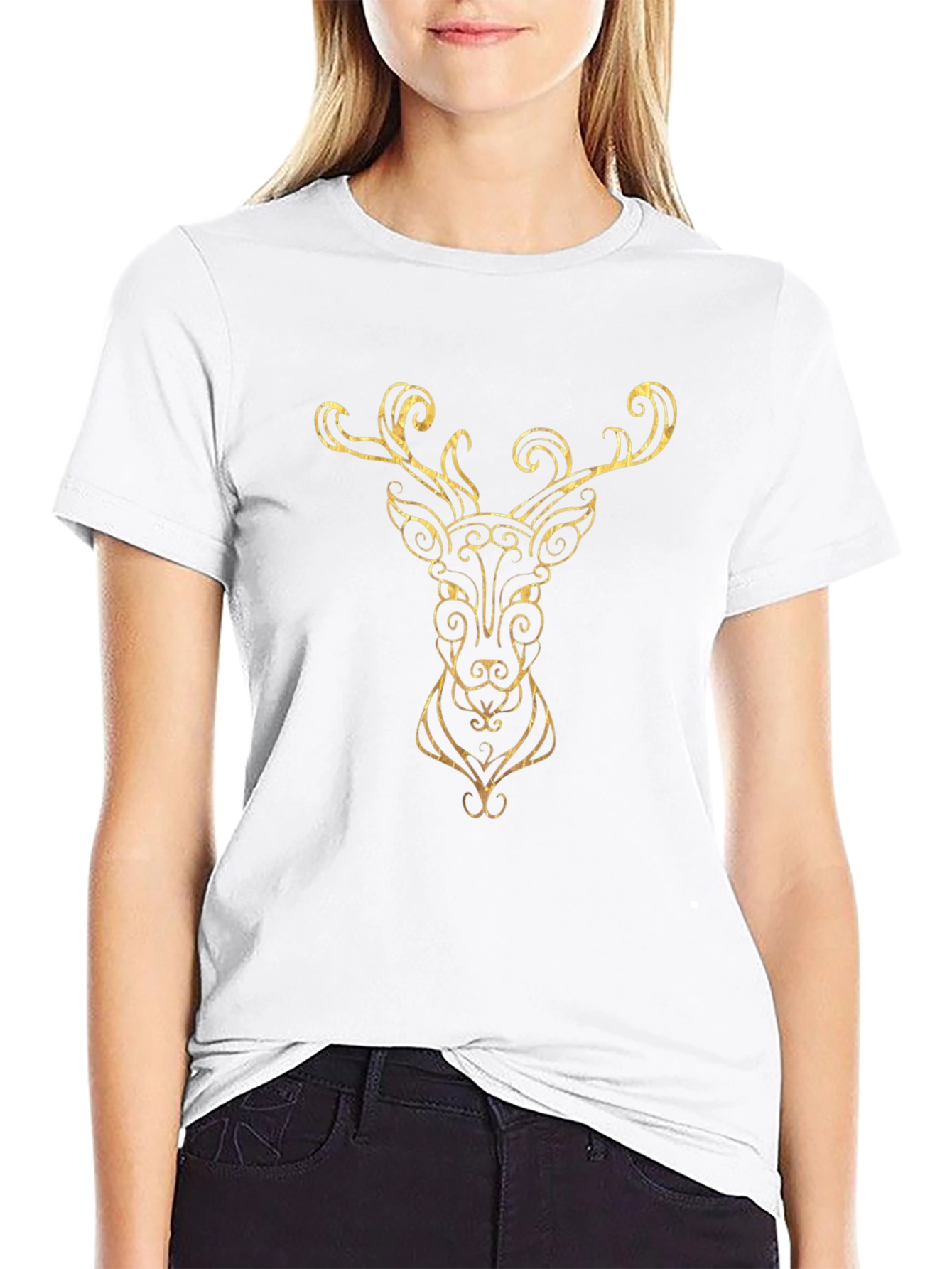 Golden Deer Head Graphic Black T-Shirt