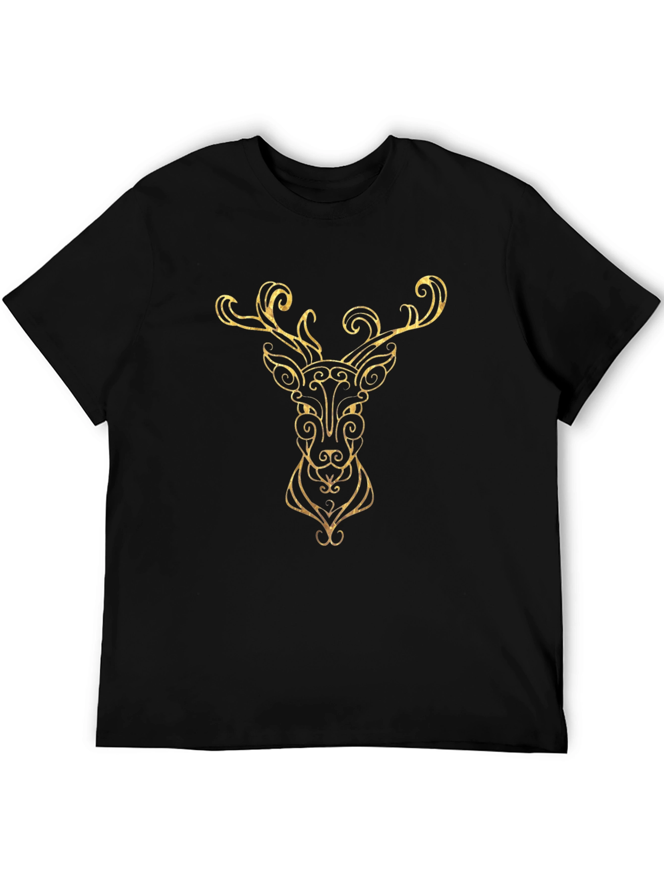 Golden Deer Head Graphic Black T-Shirt