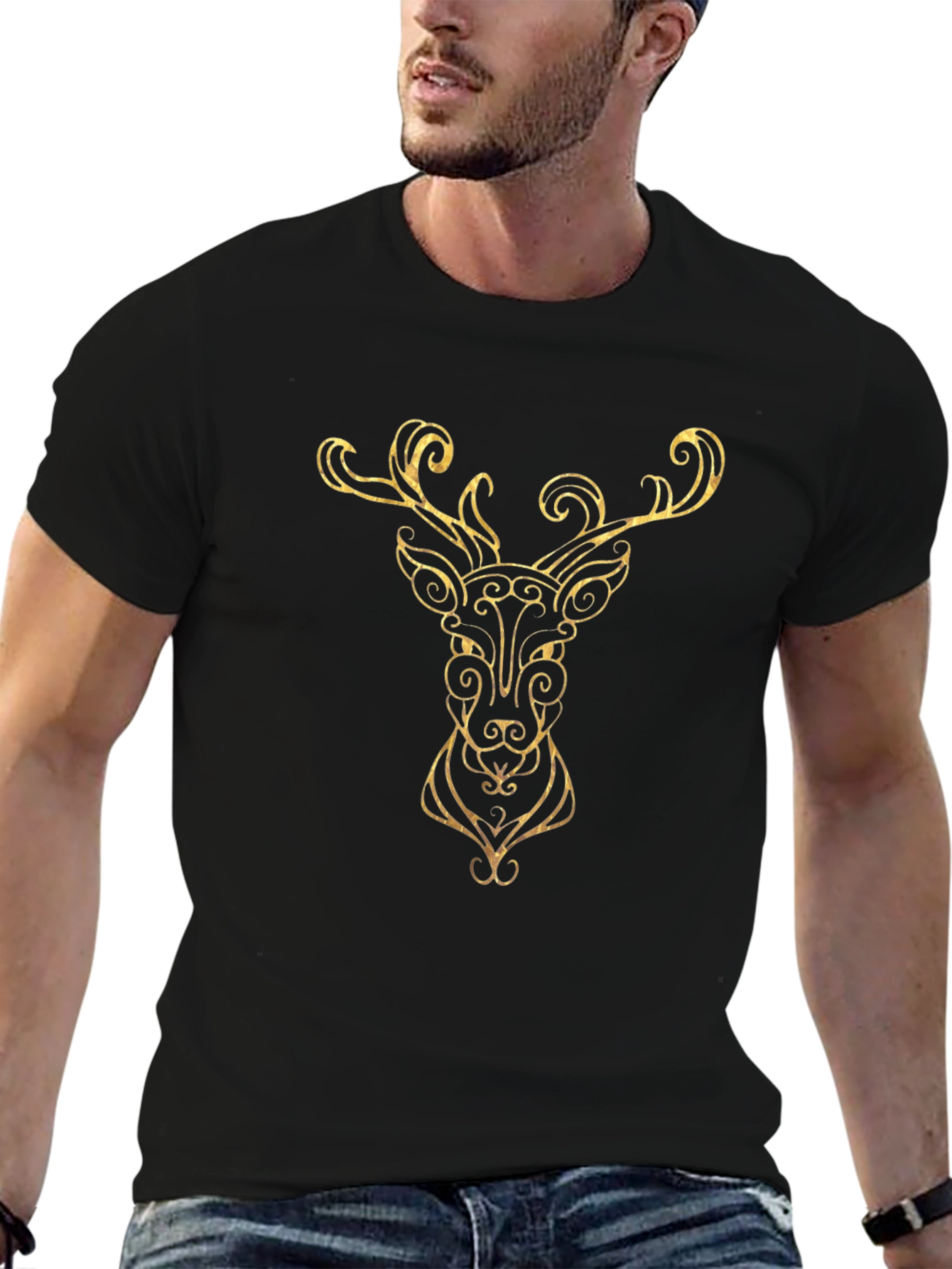 Golden Deer Head Graphic Black T-Shirt