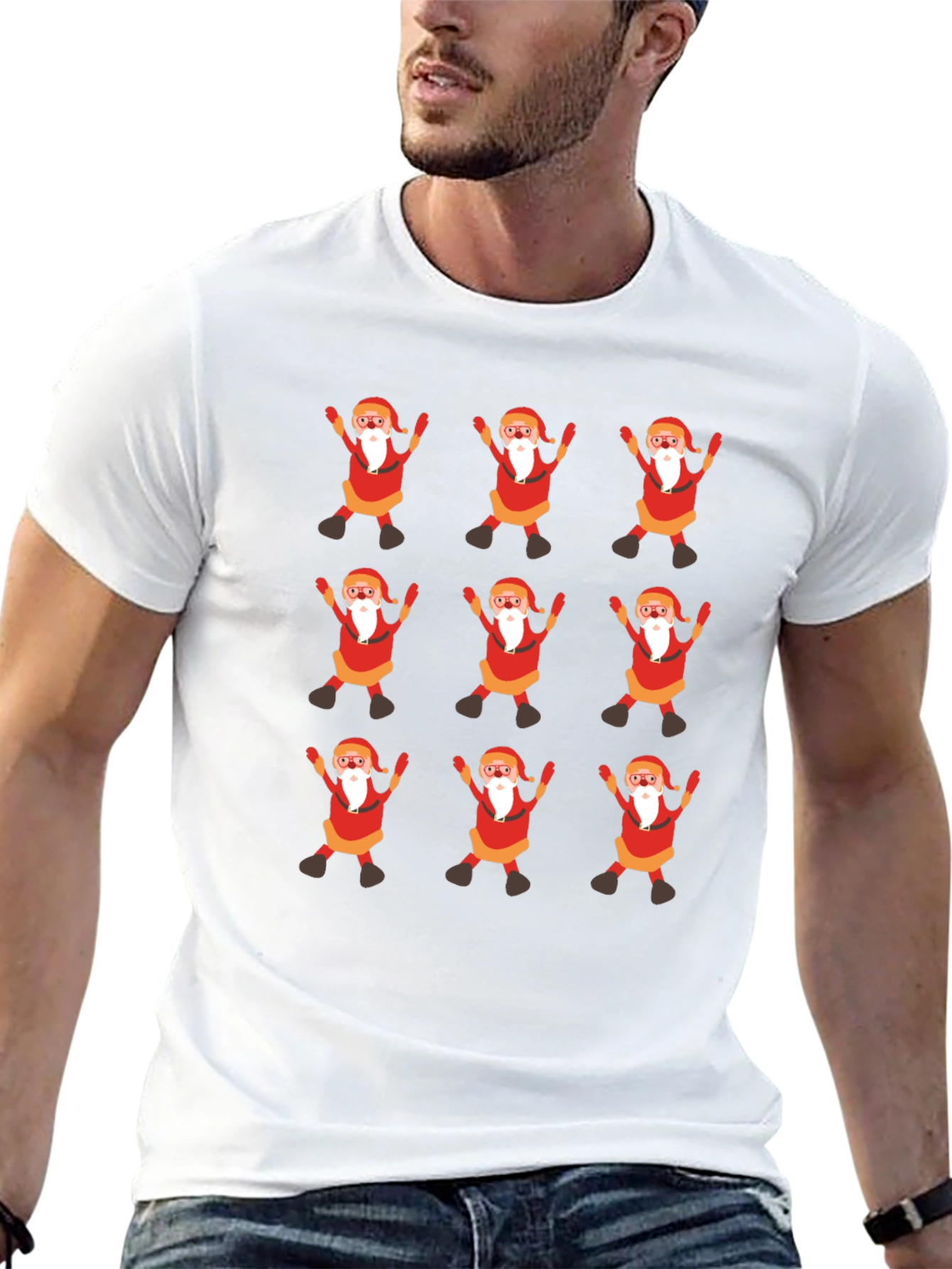 Festive Santa Pattern Black T-Shirt