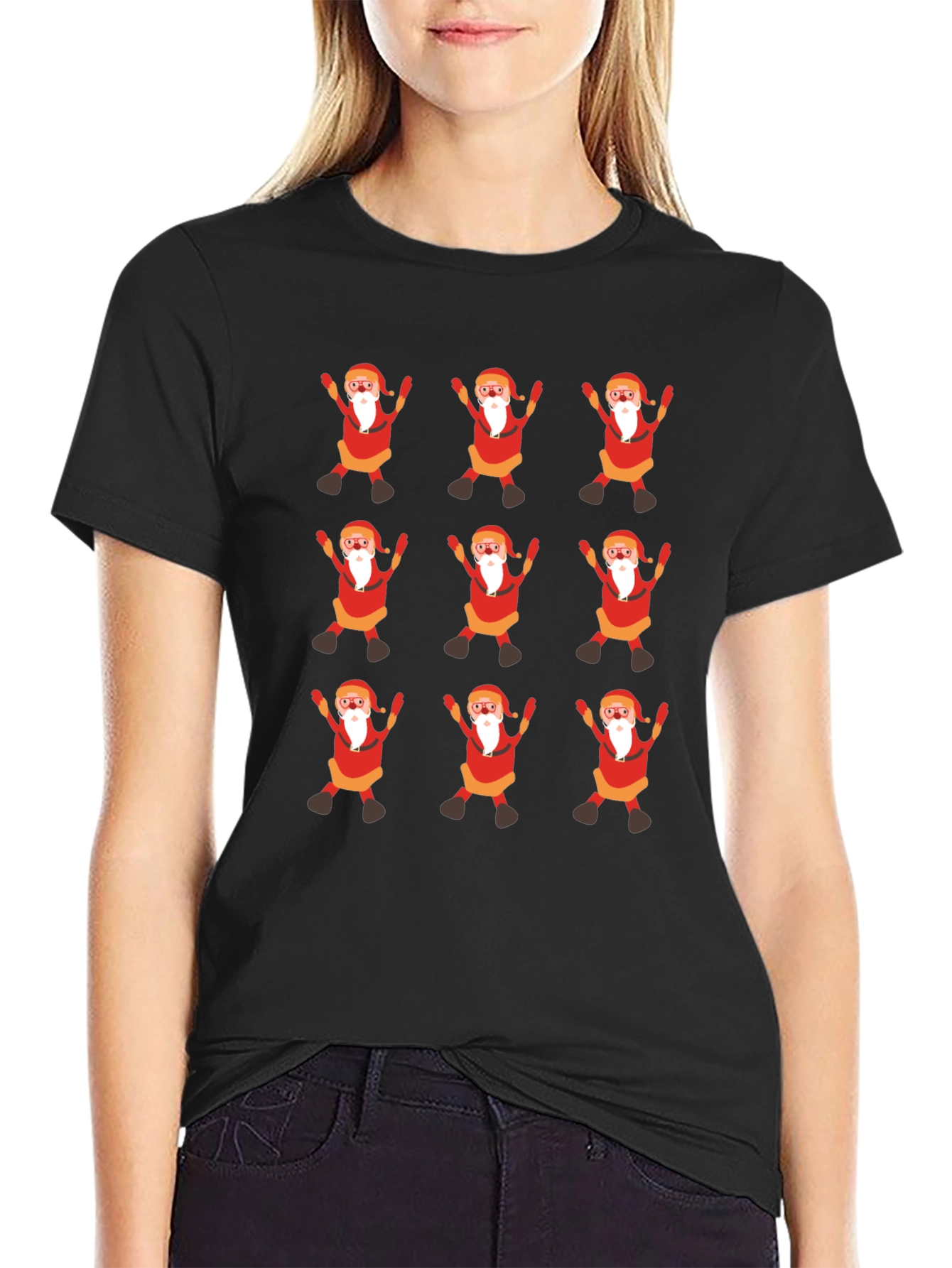 Festive Santa Pattern Black T-Shirt