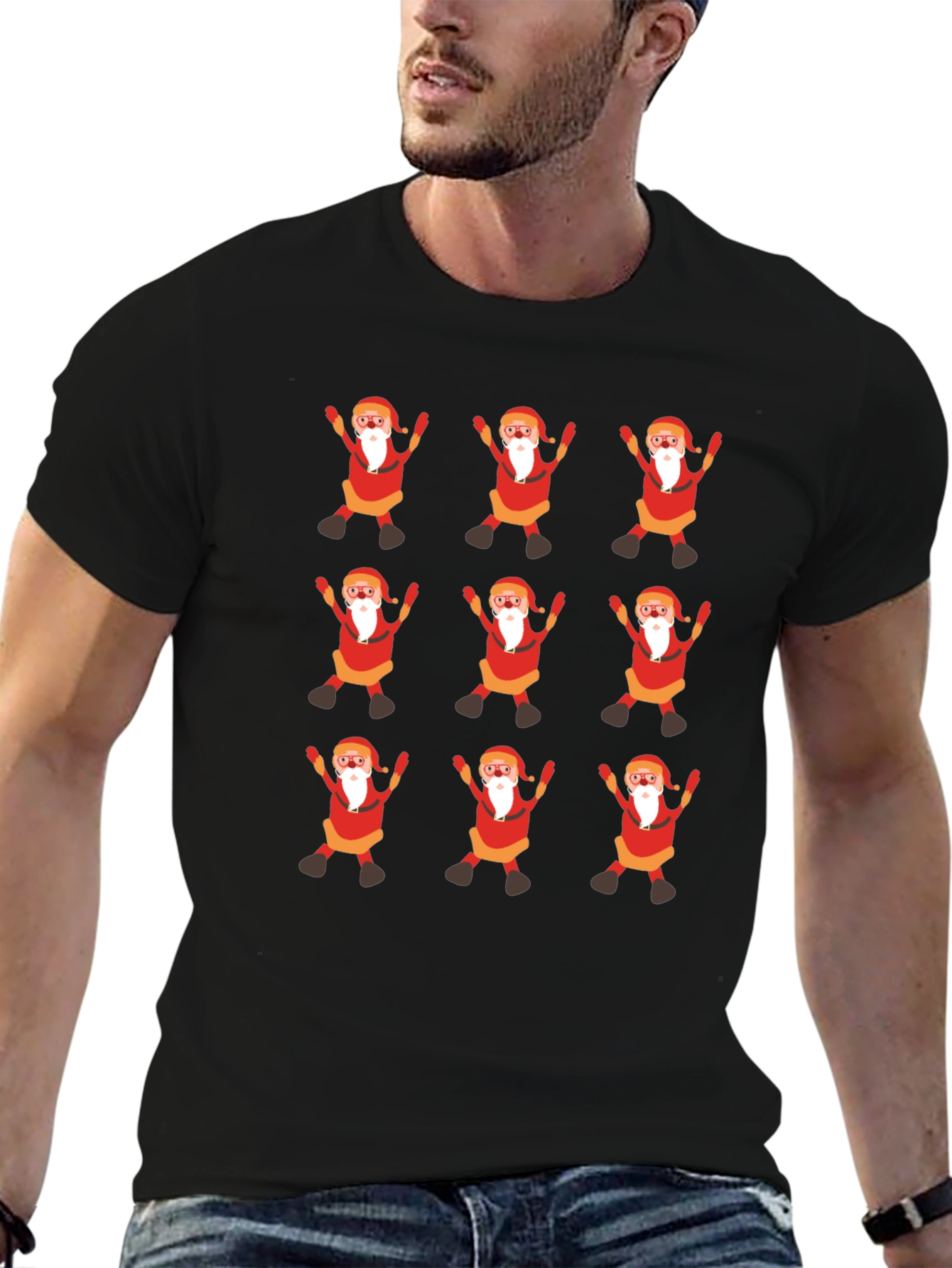Festive Santa Pattern Black T-Shirt