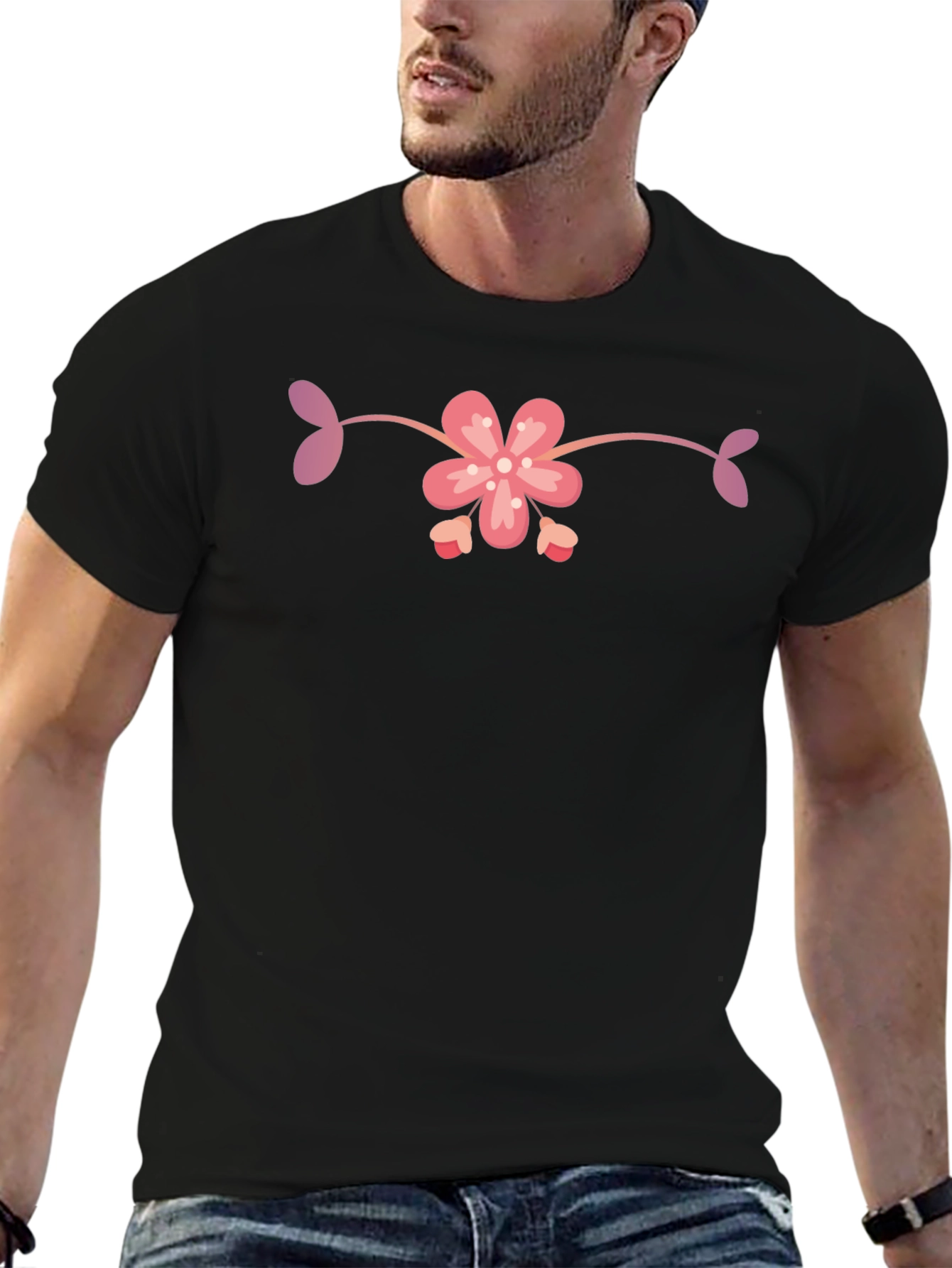 Black T-Shirt with Floral Design